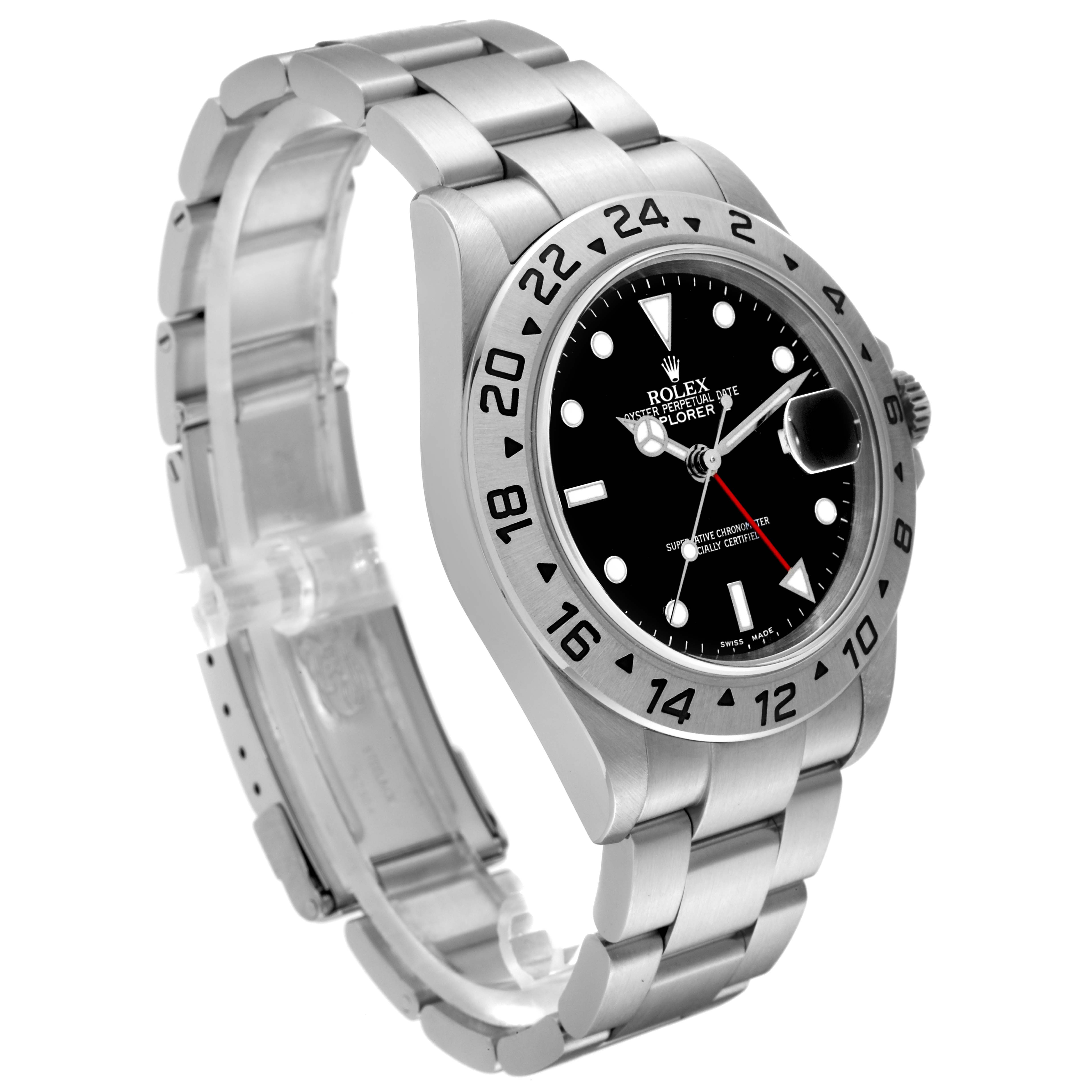 The Rolex Explorer 16570 Men
s Stainless Steel Black Dial 16570 Men
s Stainless Steel Black Dial watch is shown at a three-quarter angle, highlighting its case, bezel, dial, and stainless steel bracelet.