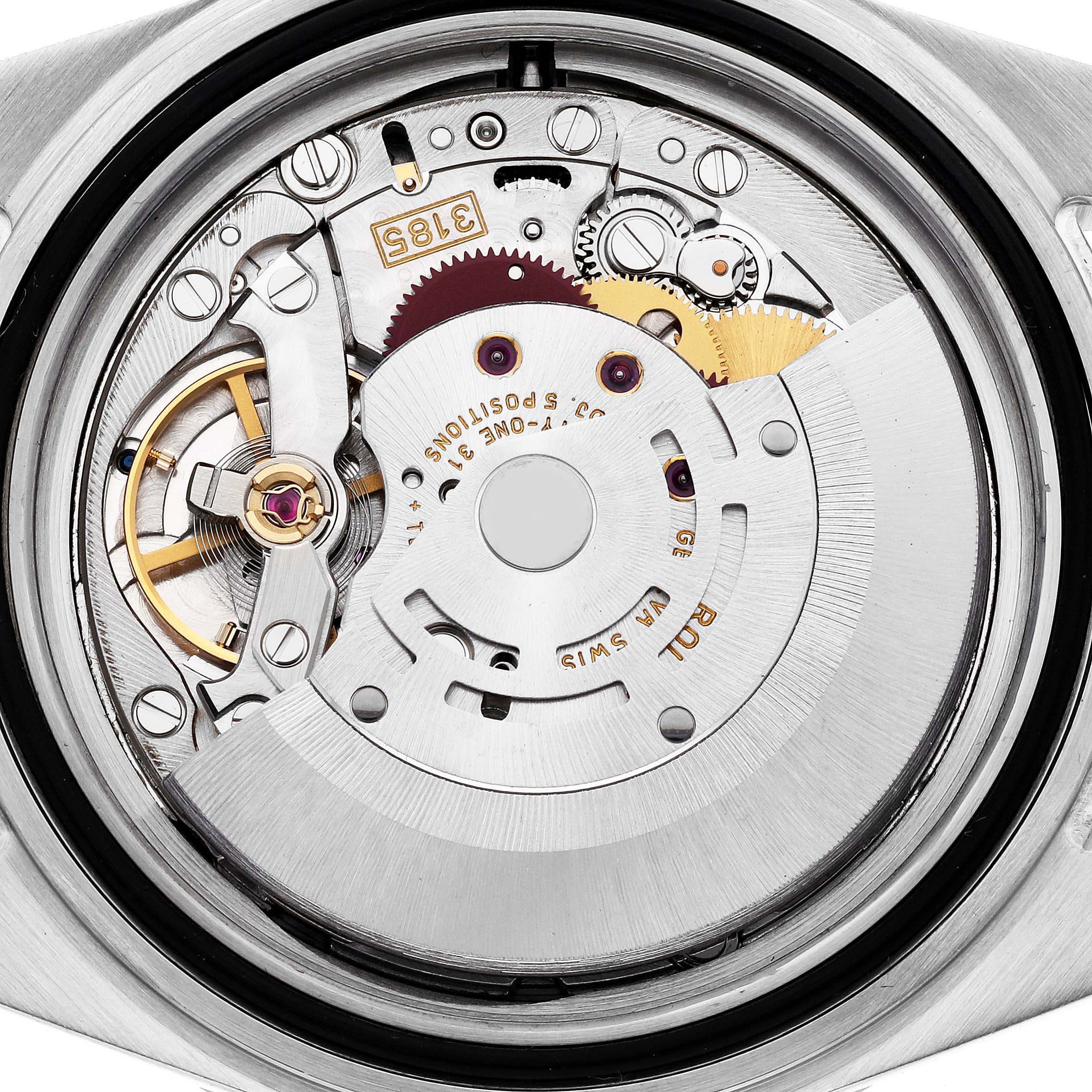 The image shows the internal movement mechanism of a Rolex Explorer 16570 Men
s Stainless Steel Black Dial 16570 Men
s Stainless Steel Black Dial watch, viewed from the back case.
