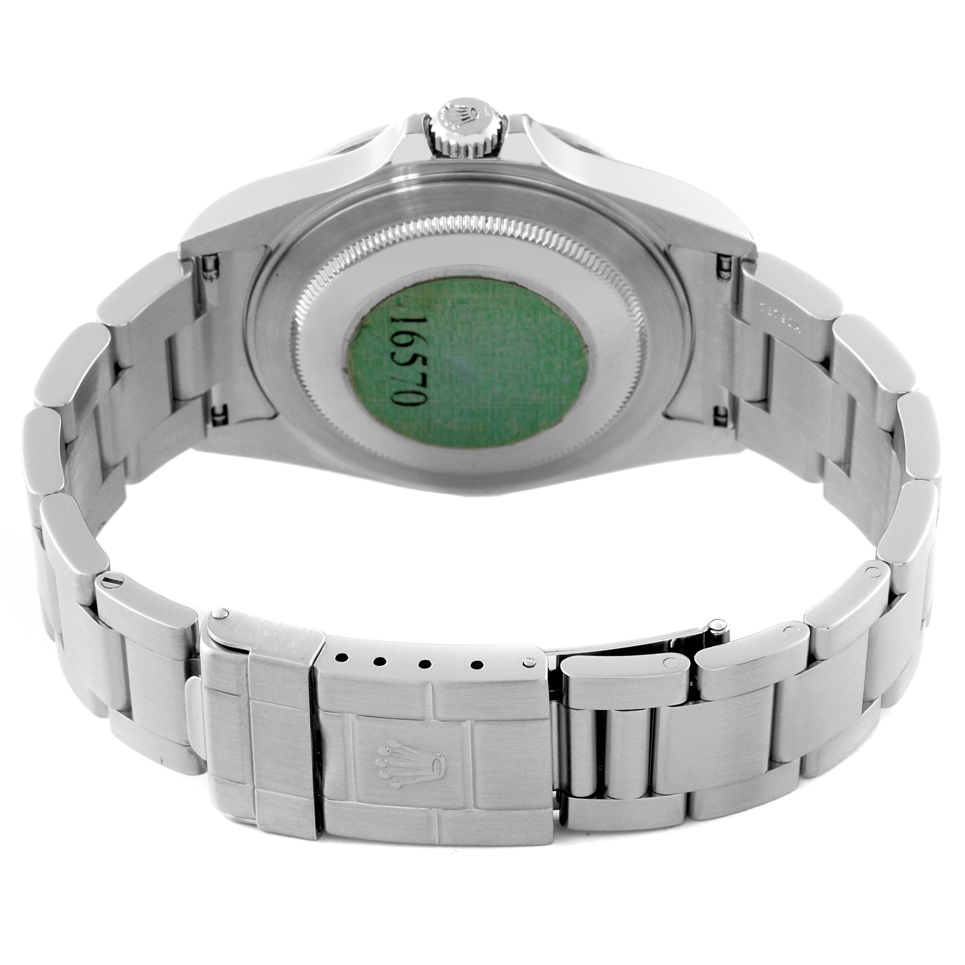 This image shows the back casing and bracelet clasp of the Rolex Explorer 16570 Men
s Stainless Steel Black Dial 16570 Men
s Stainless Steel Black Dial watch.