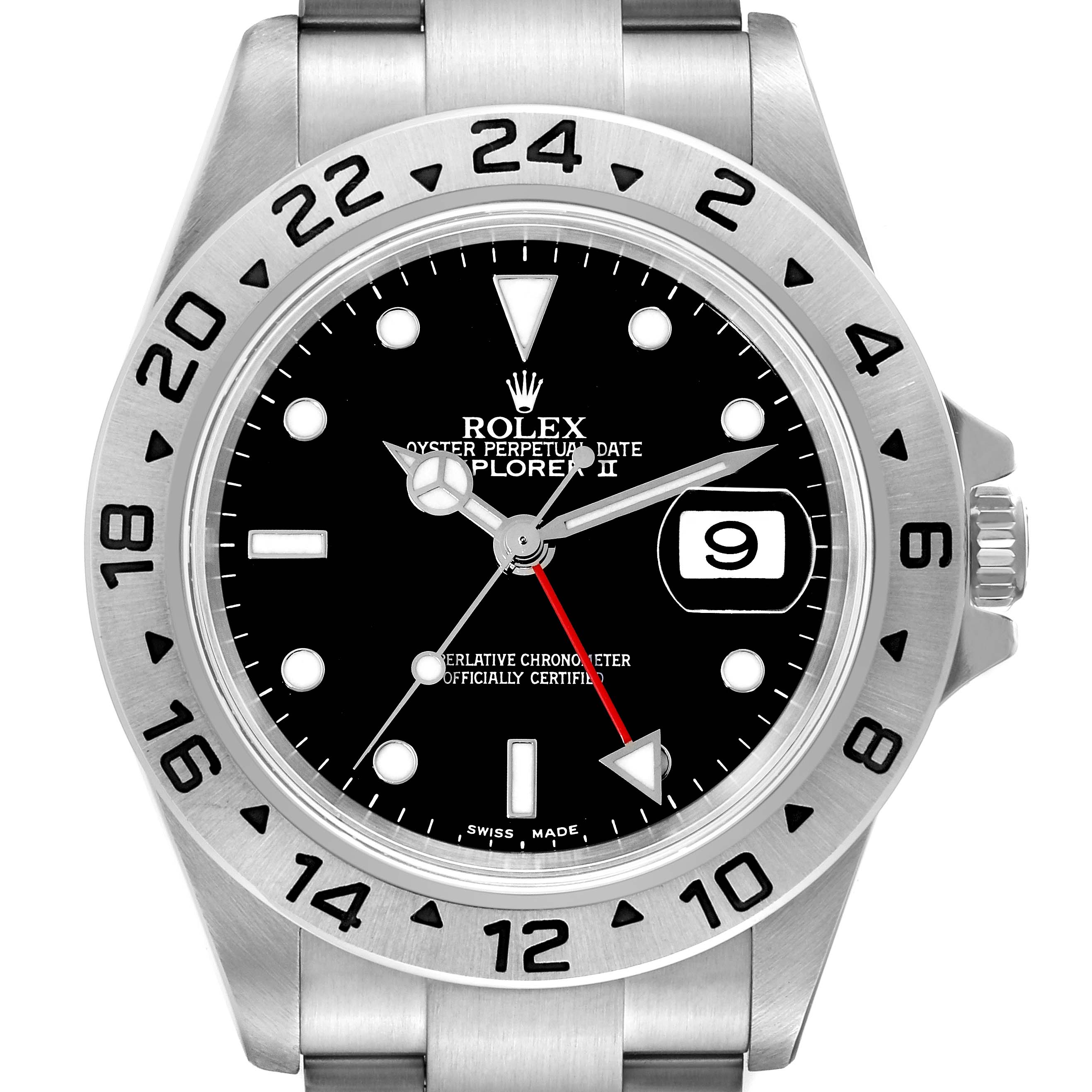 The image shows the front view of a Rolex Explorer 16570 Men
s Stainless Steel Black Dial 16570 Men
s Stainless Steel Black Dial watch, highlighting its dial, bezel, hands, and crown.