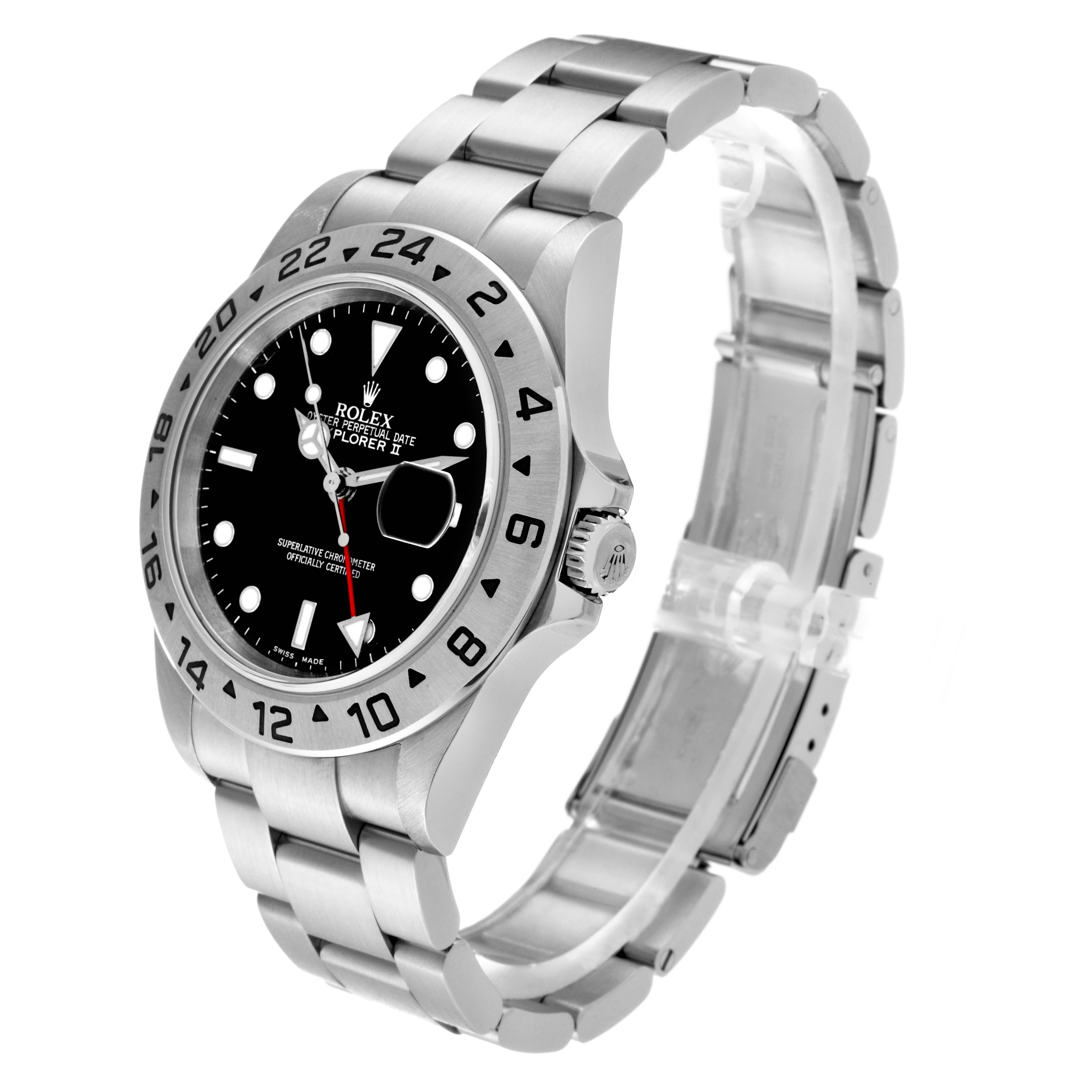 The Rolex Explorer 16570 Men
s Stainless Steel Black Dial 16570 Men
s Stainless Steel Black Dial watch is shown at an angled view, highlighting the face, bezel, crown, and bracelet.