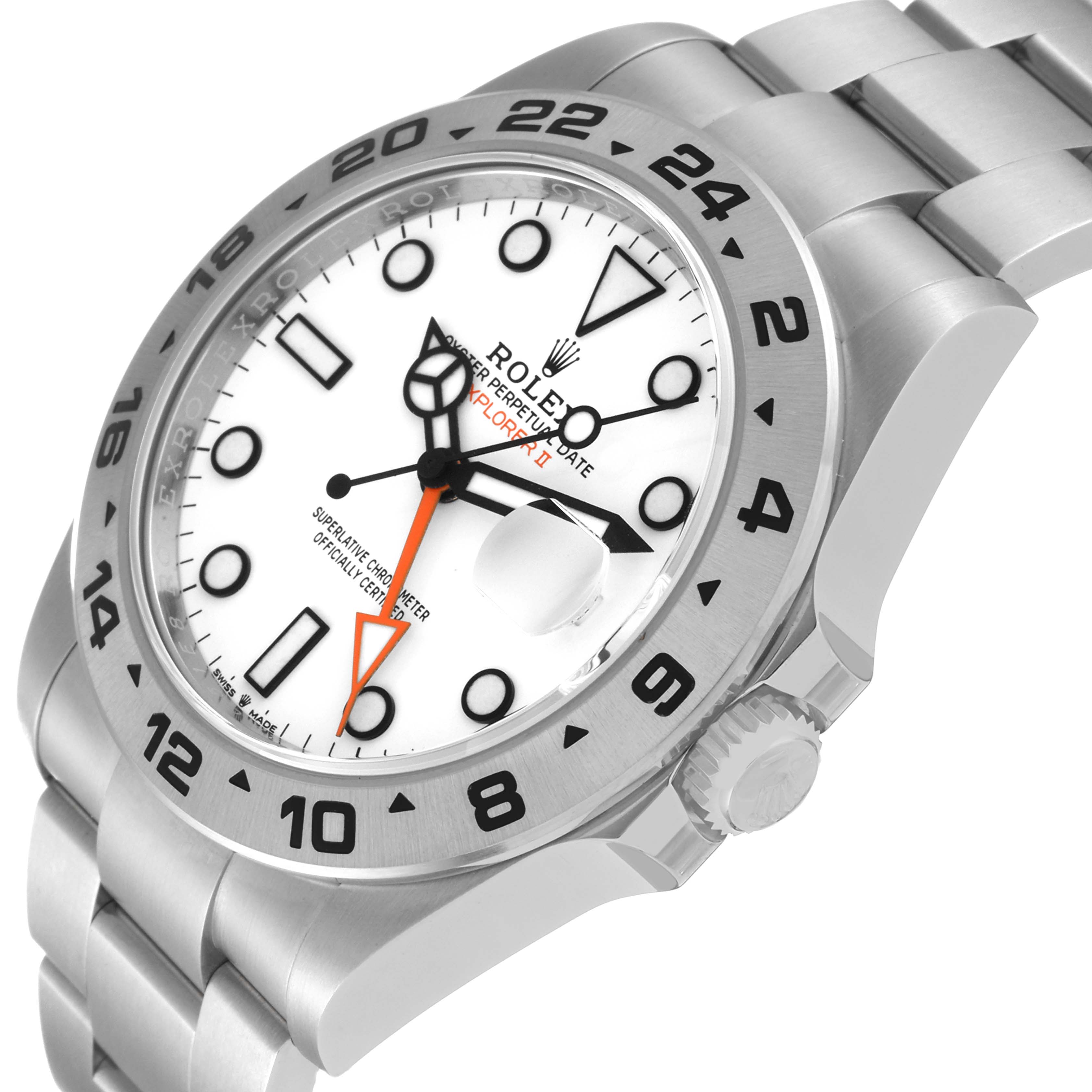 This is a Rolex Explorer 226570 Men
s Stainless Steel White Dial 226570 Men
s Stainless Steel White Dial watch shown at an angled view, highlighting the face, bezel, and part of the bracelet.