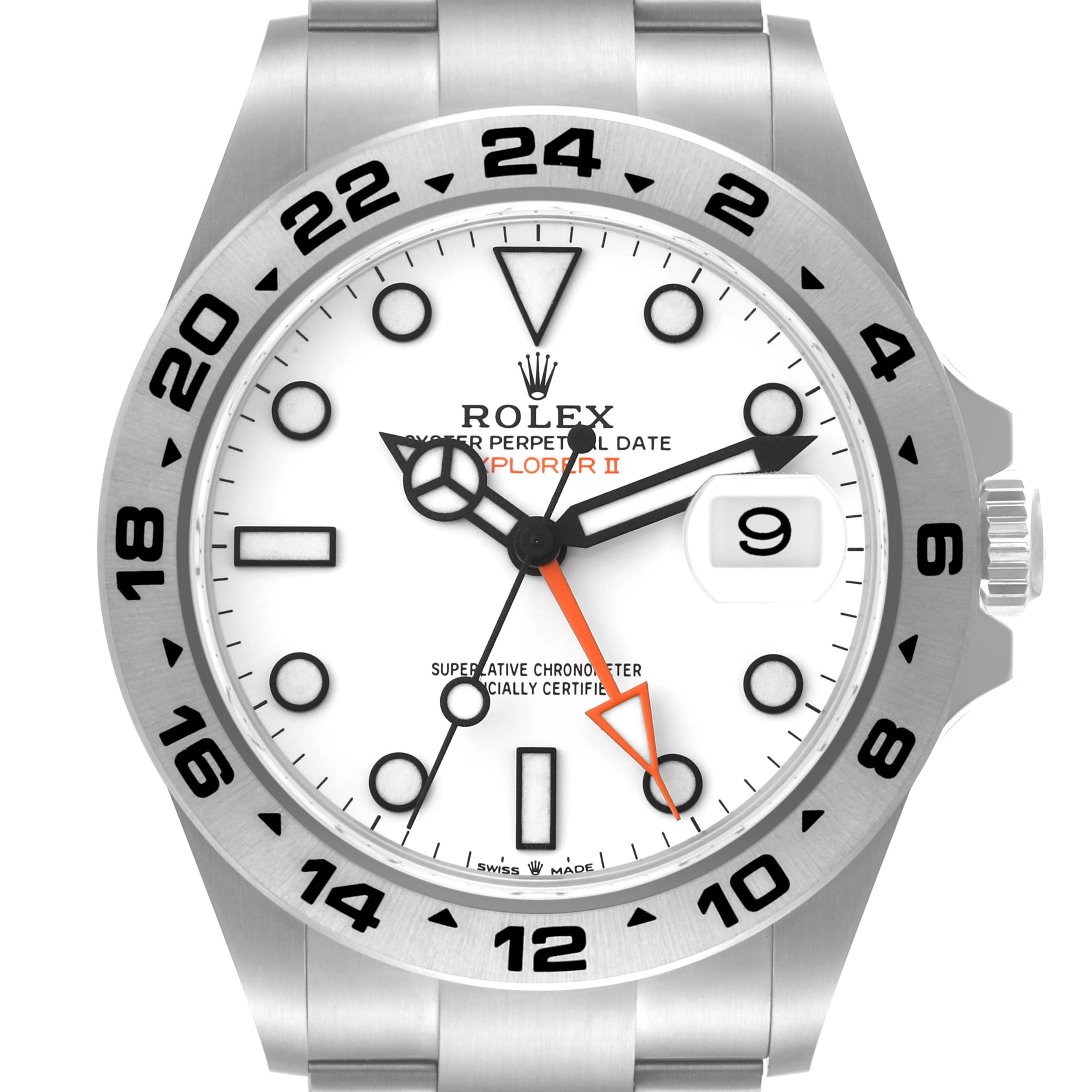 The image shows a front view of the Rolex Explorer 226570 Men
s Stainless Steel White Dial 226570 Men
s Stainless Steel White Dial watch, highlighting its dial, bezel, and part of the bracelet.