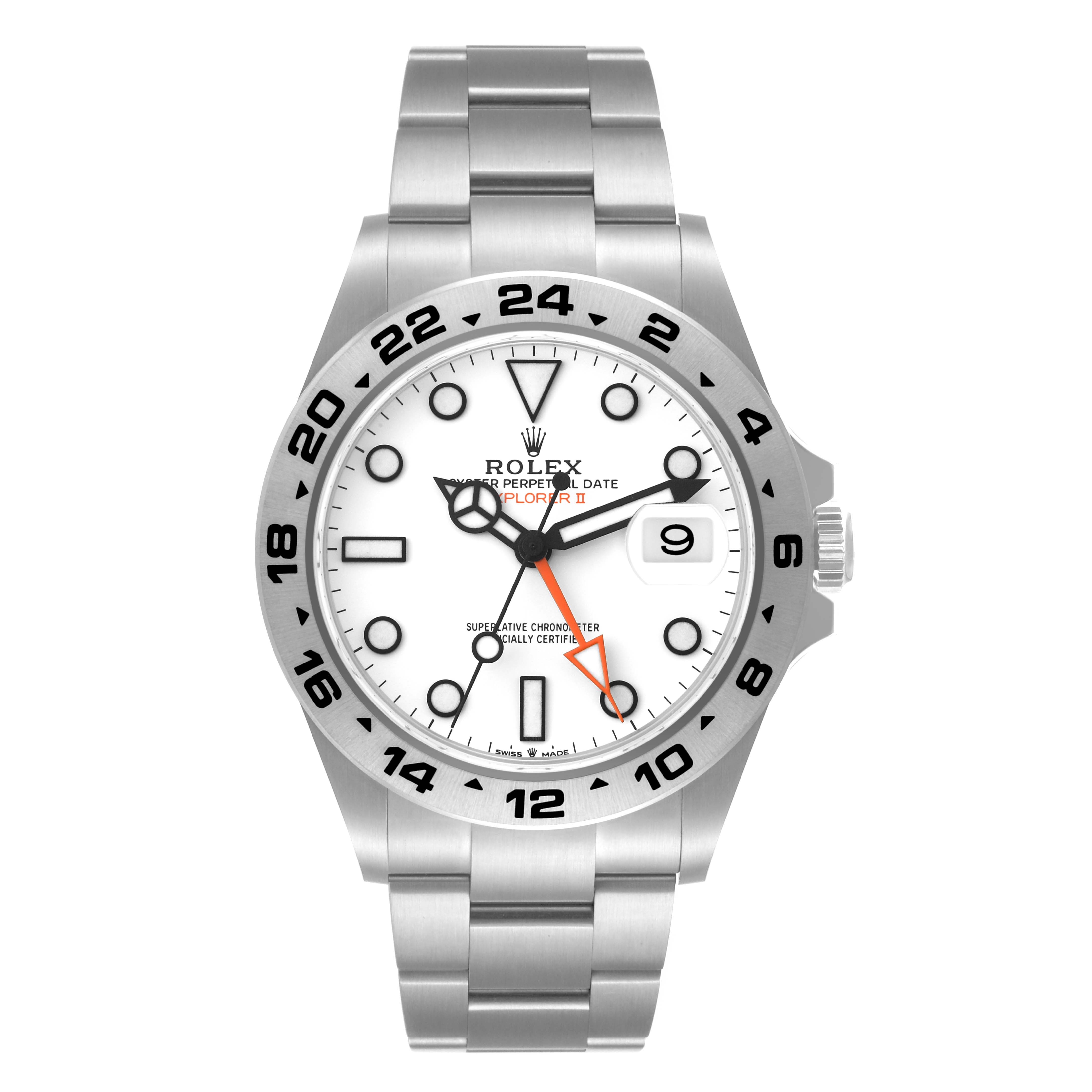 The image shows a front view of a Rolex Explorer 226570 Men
s Stainless Steel White Dial 226570 Men
s Stainless Steel White Dial watch with a white dial, silver bracelet, and date display.