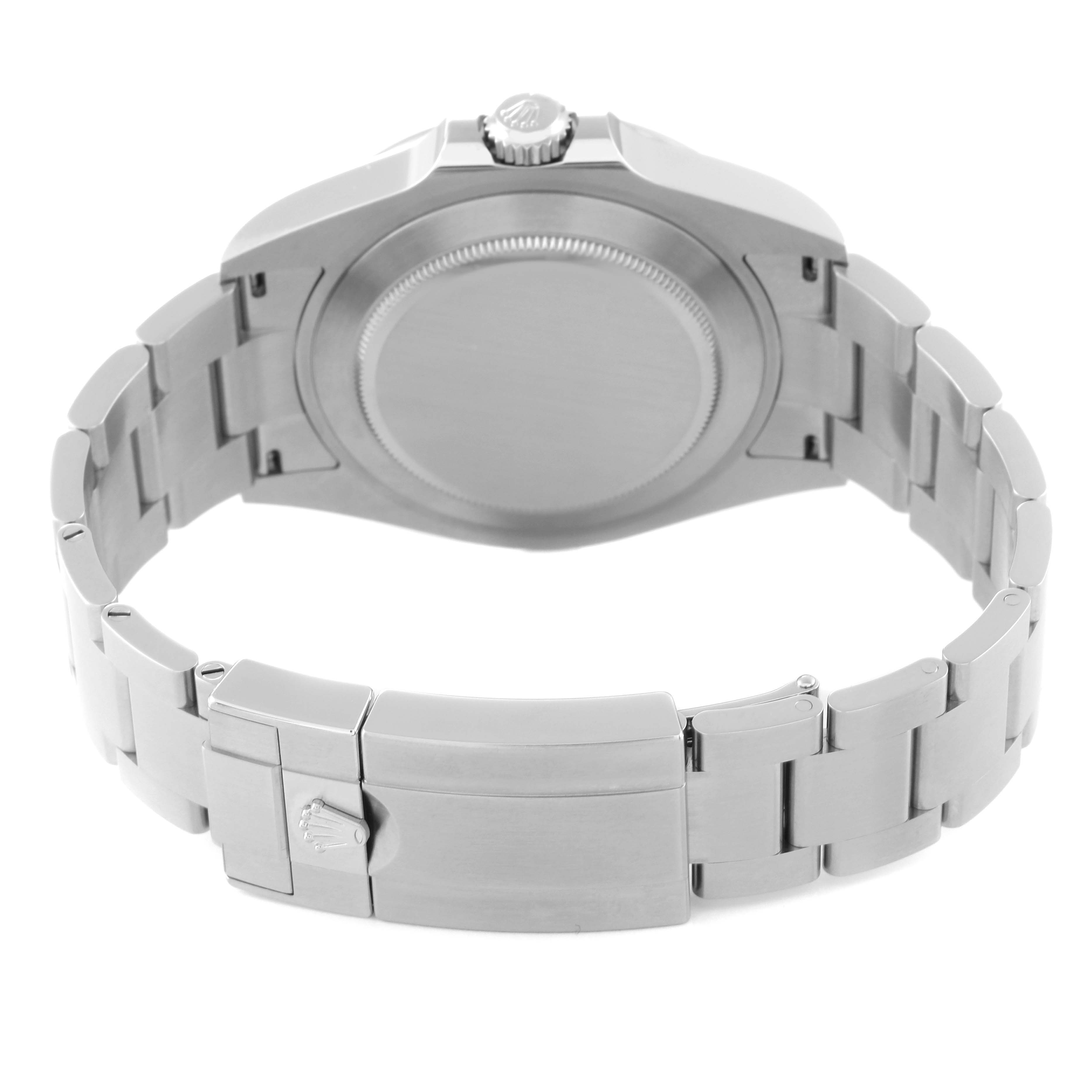 The image shows the back view of the Rolex Explorer 226570 Men
s Stainless Steel White Dial 226570 Men
s Stainless Steel White Dial model watch, focusing on its case back, bracelet, and clasp.