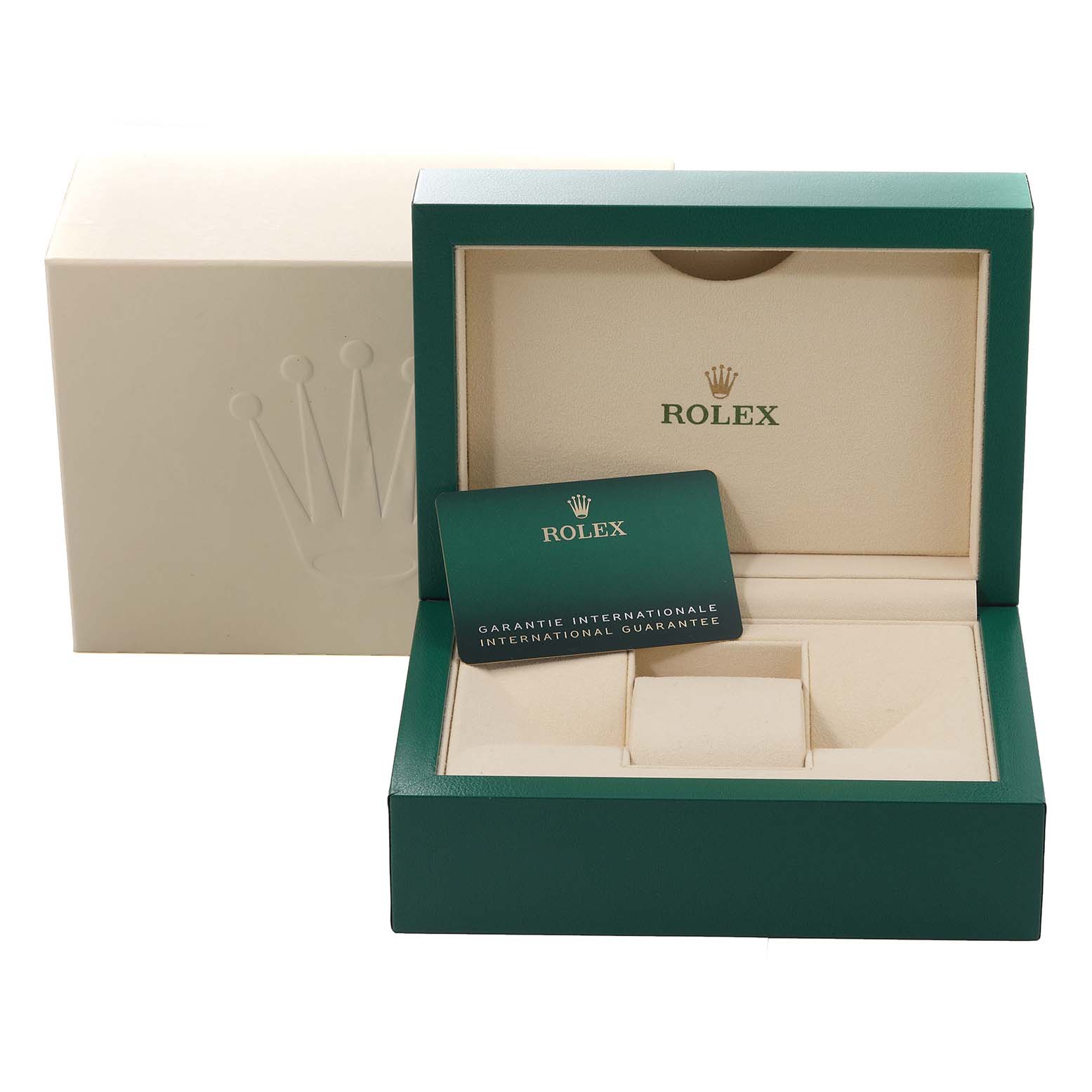 The image shows an open green Rolex Explorer 226570 Men
s Stainless Steel White Dial 226570 Men
s Stainless Steel White Dial watch box and an international guarantee card.