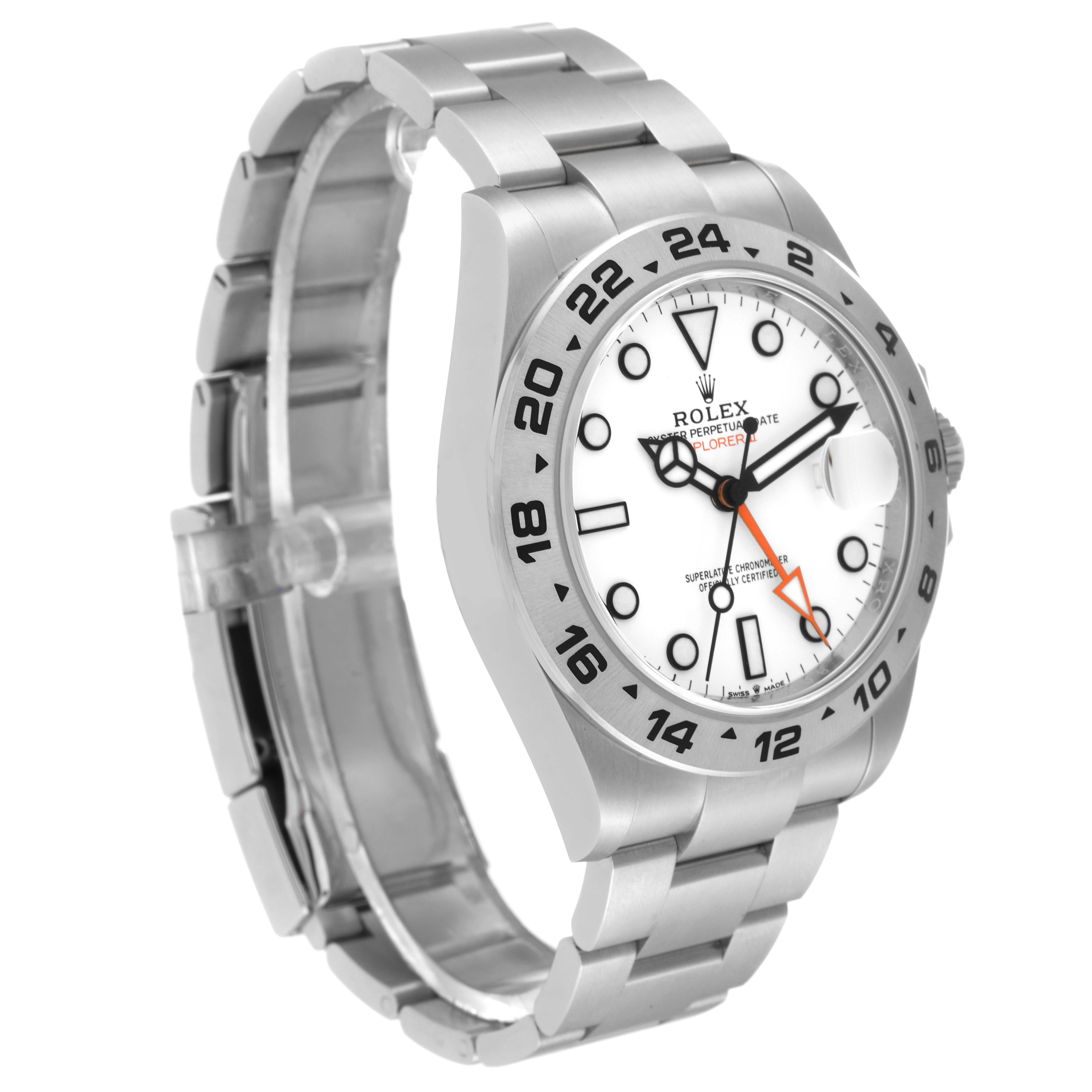 The image shows a Rolex Explorer 226570 Men
s Stainless Steel White Dial 226570 Men
s Stainless Steel White Dial watch angled to the left, highlighting the face, bracelet, and bezel.