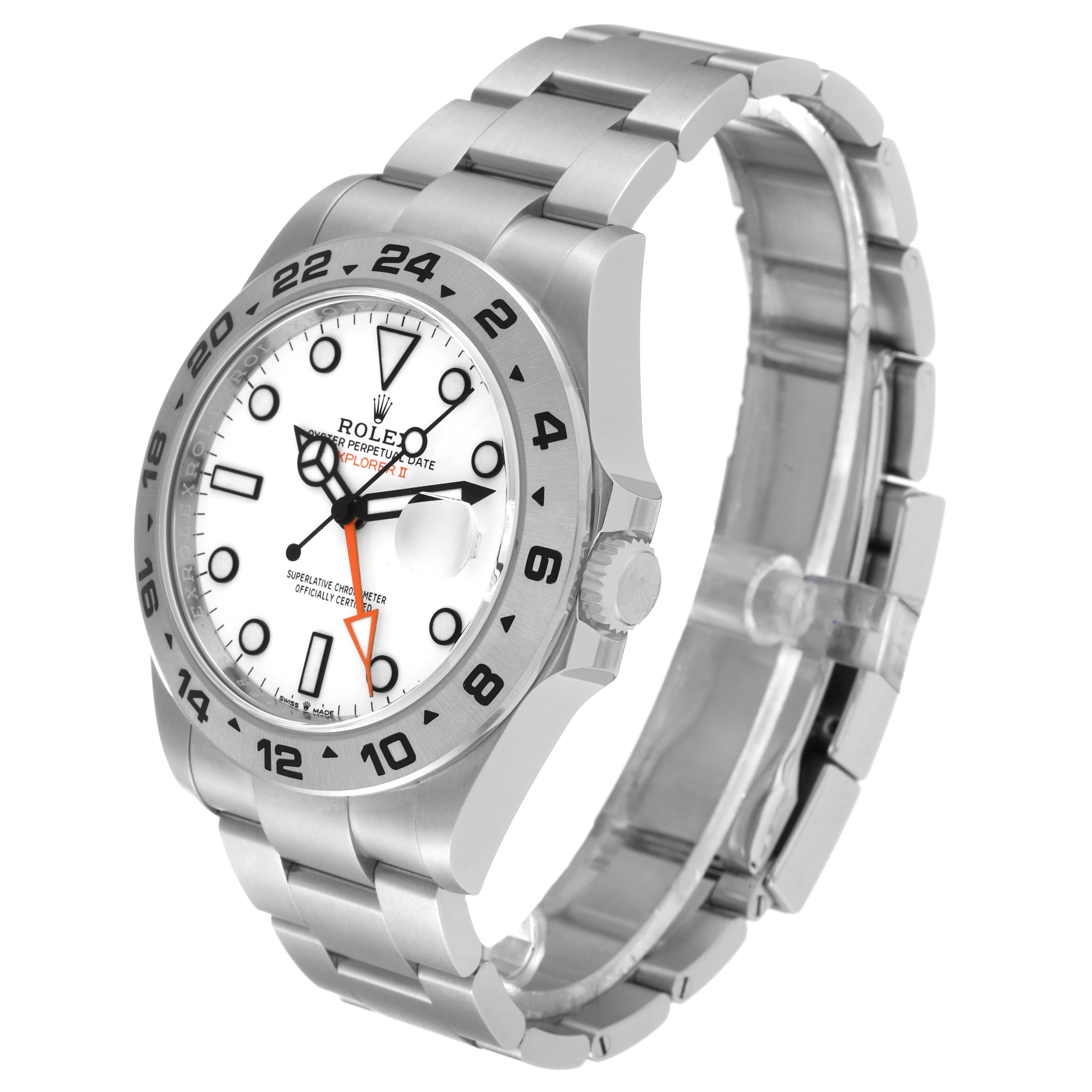The Rolex Explorer 226570 Men
s Stainless Steel White Dial 226570 Men
s Stainless Steel White Dial watch is shown from a three-quarter angle, displaying its face, bezel, and part of the bracelet.