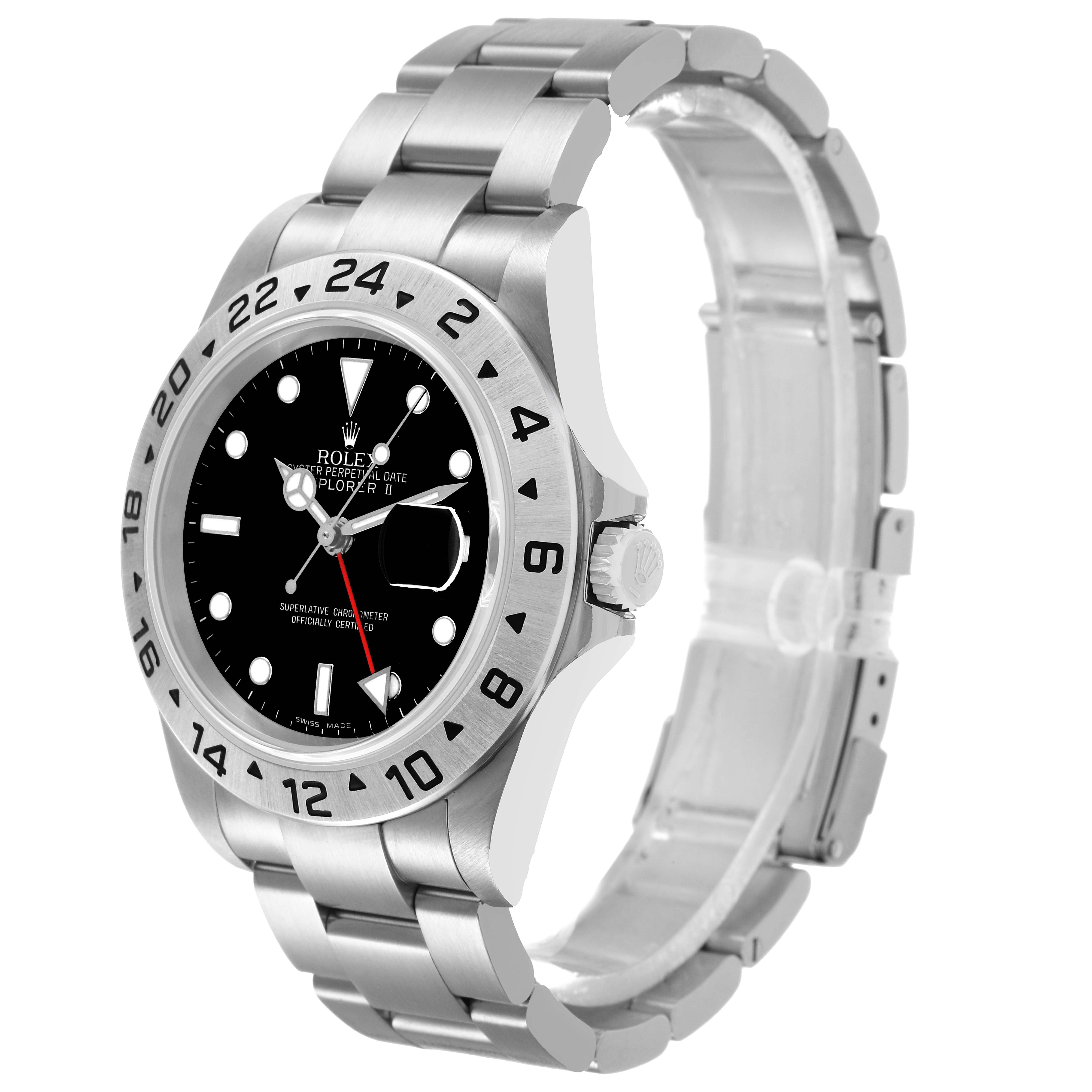 The Rolex Explorer 16570 Men's Stainless Steel Black Dial model is shown at a three-quarter angle, highlighting the face, bezel, crown, and bracelet.