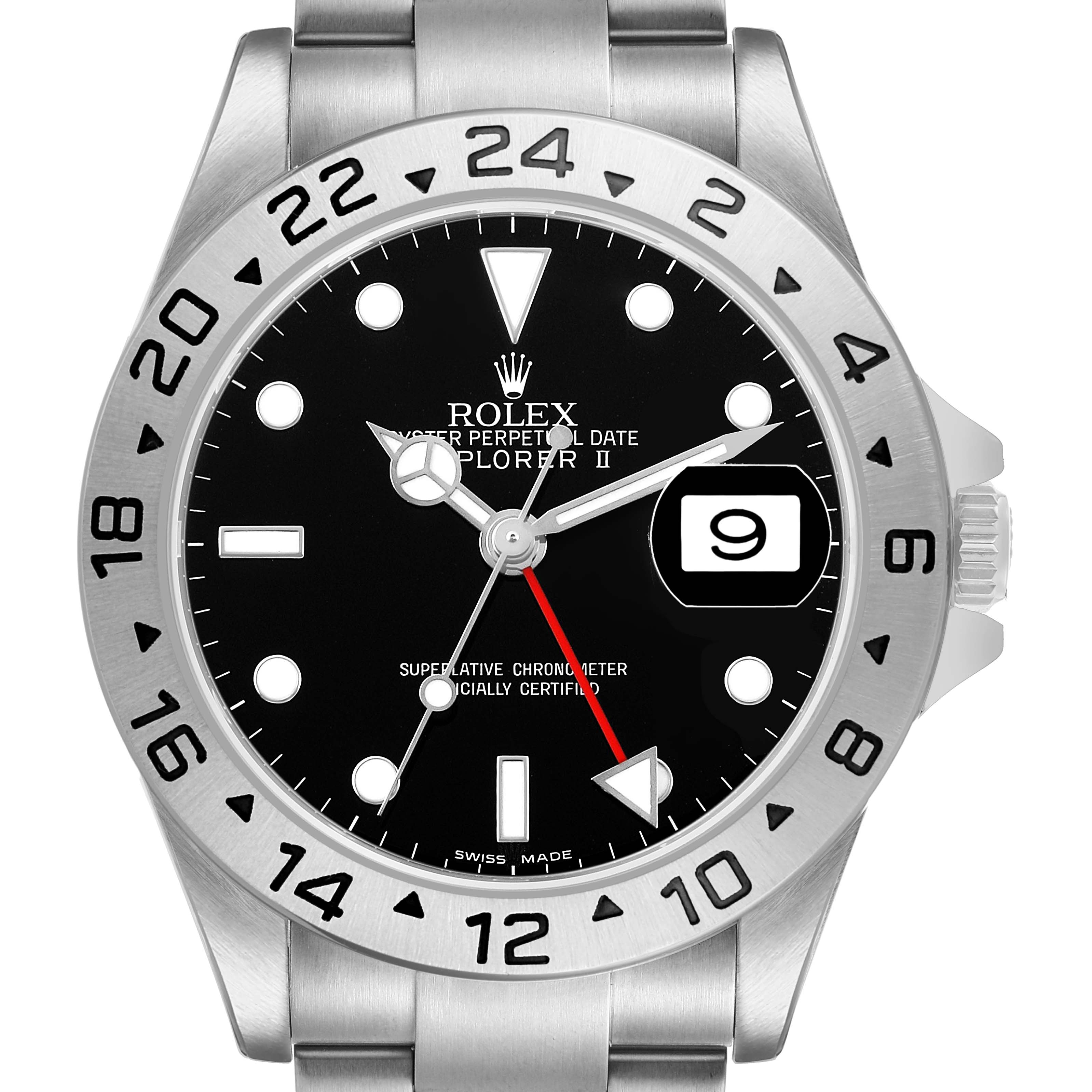 The image shows a Rolex Explorer 16570 Men's Stainless Steel Black Dial II watch face directly, displaying the bezel, dial, hands, and date window.