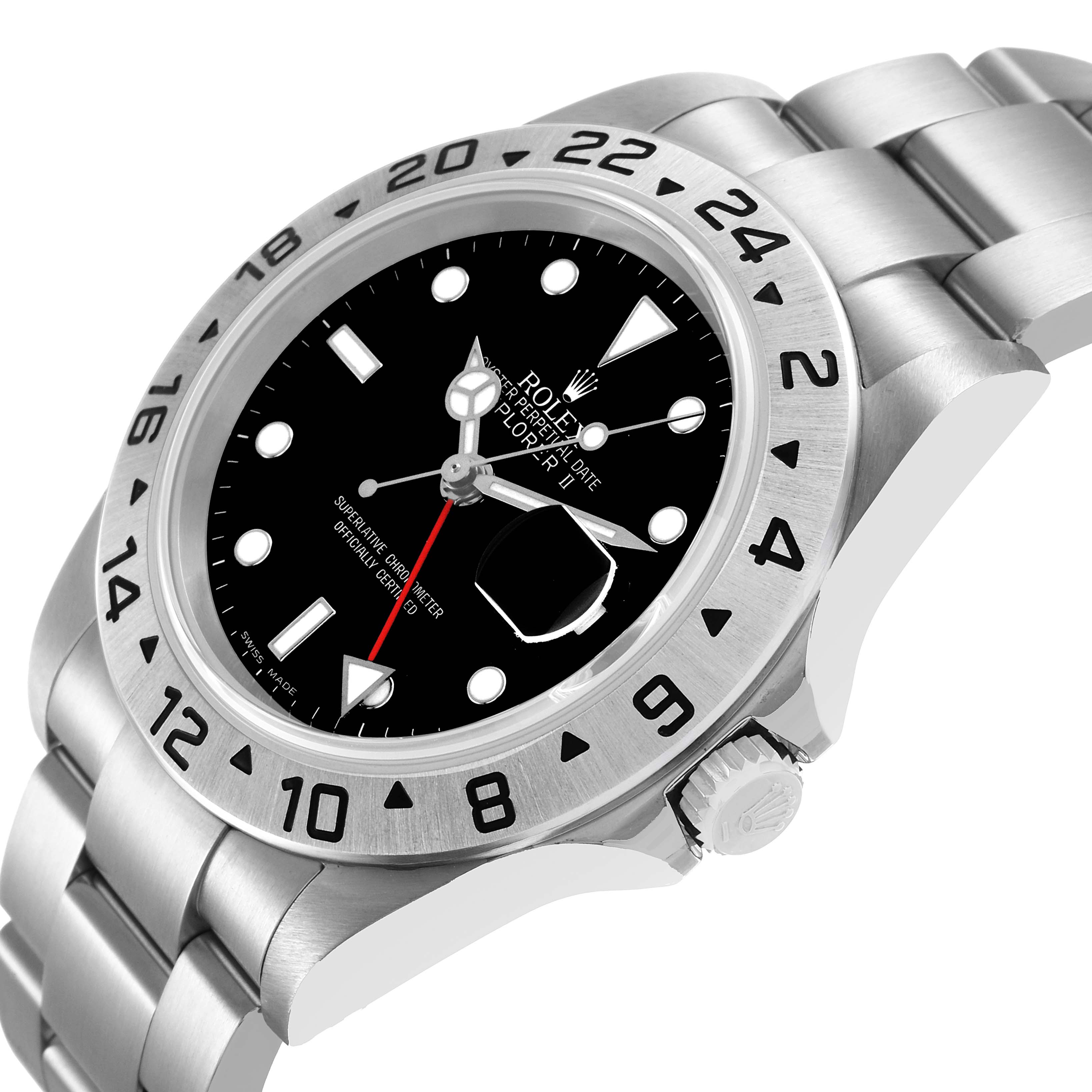 The Rolex Explorer 16570 Men's Stainless Steel Black Dial watch is shown in a three-quarter angle, highlighting the face, bezel, and bracelet.