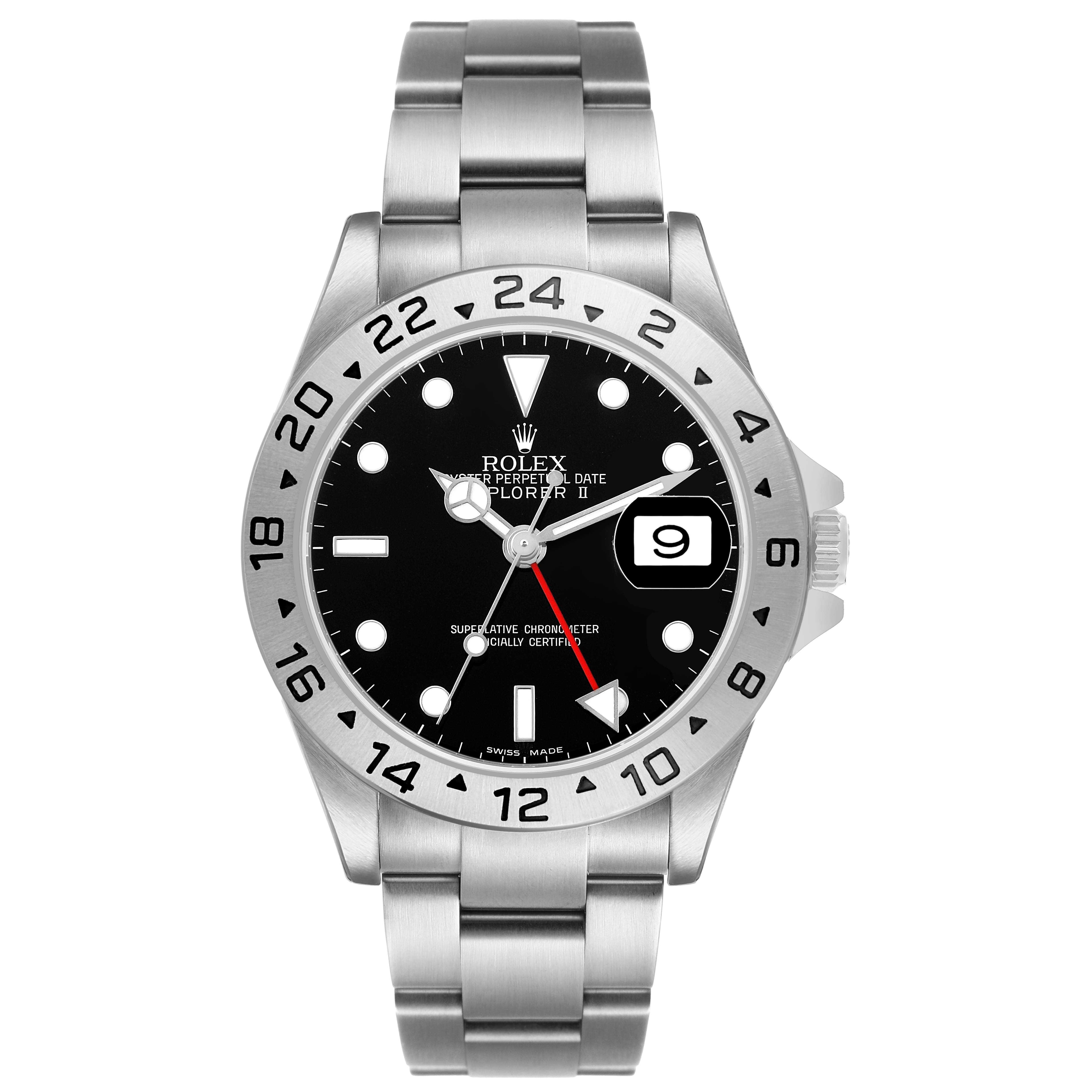 The Rolex Explorer 16570 Men's Stainless Steel Black Dial watch is shown from a frontal angle, highlighting its bezel, dial, bracelet, and date feature.