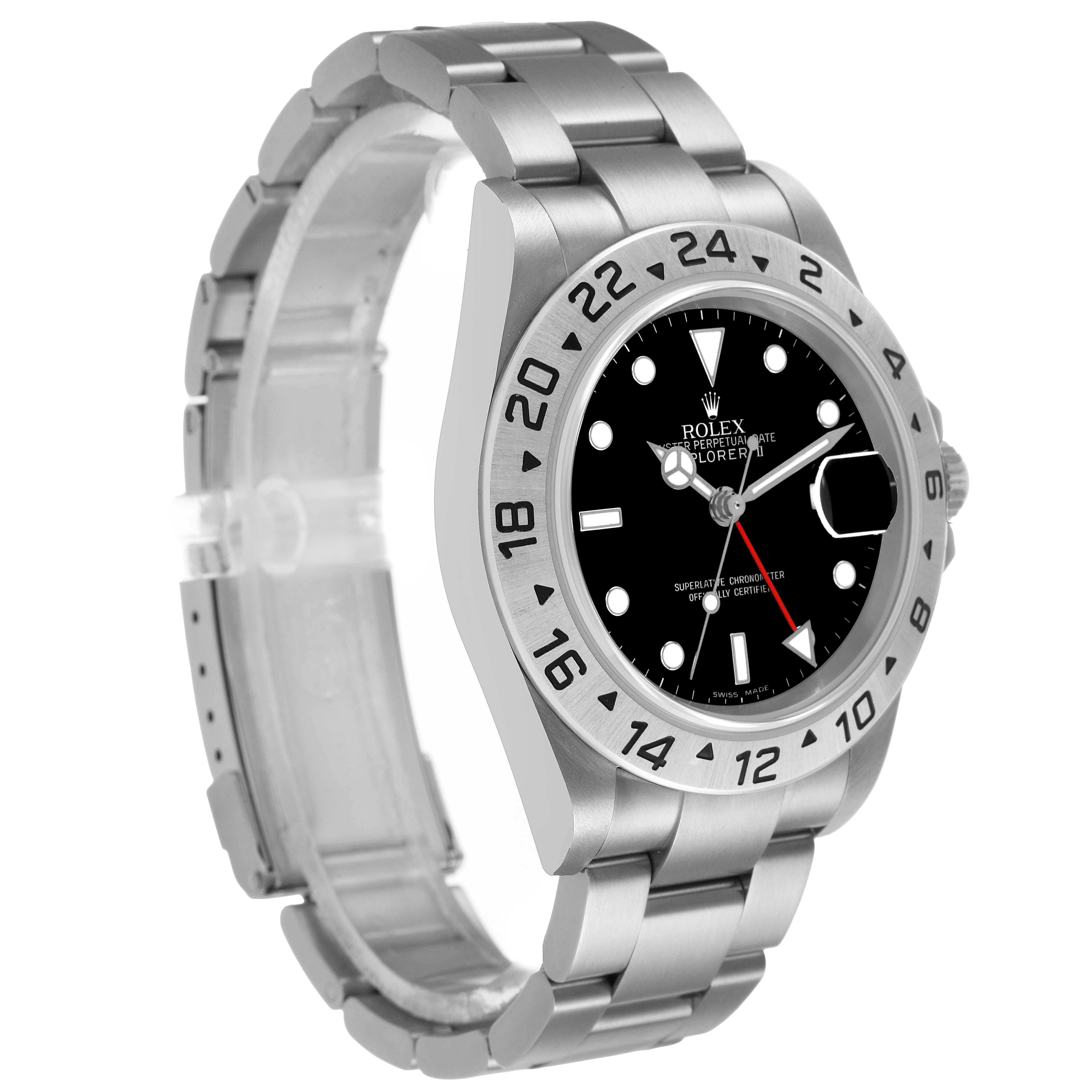 The Rolex Explorer 16570 Men's Stainless Steel Black Dial watch is shown at a three-quarter angle, highlighting the dial, bezel, and bracelet.