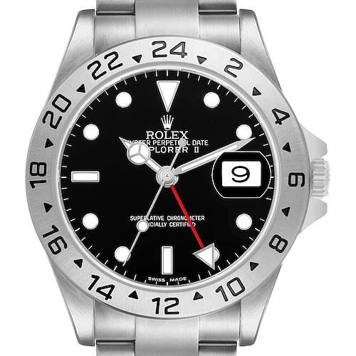 The Rolex Explorer 16570 Men's Stainless Steel Black Dial II watch is shown from the front, displaying the face, bezel, and part of the bracelet.