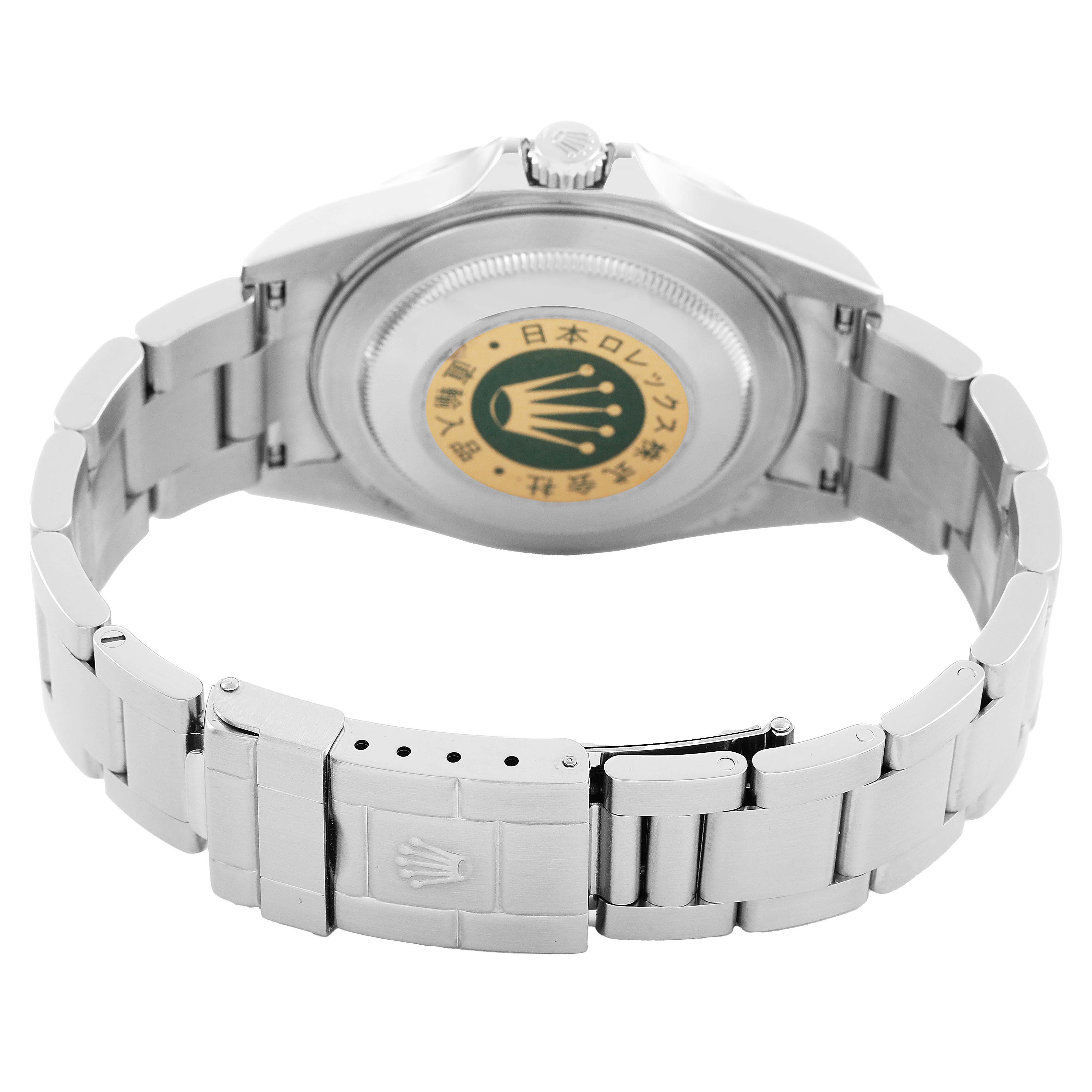 The image shows the back view of a Rolex Explorer 16570 Men's Stainless Steel Black Dial watch, highlighting the case back and bracelet clasp.