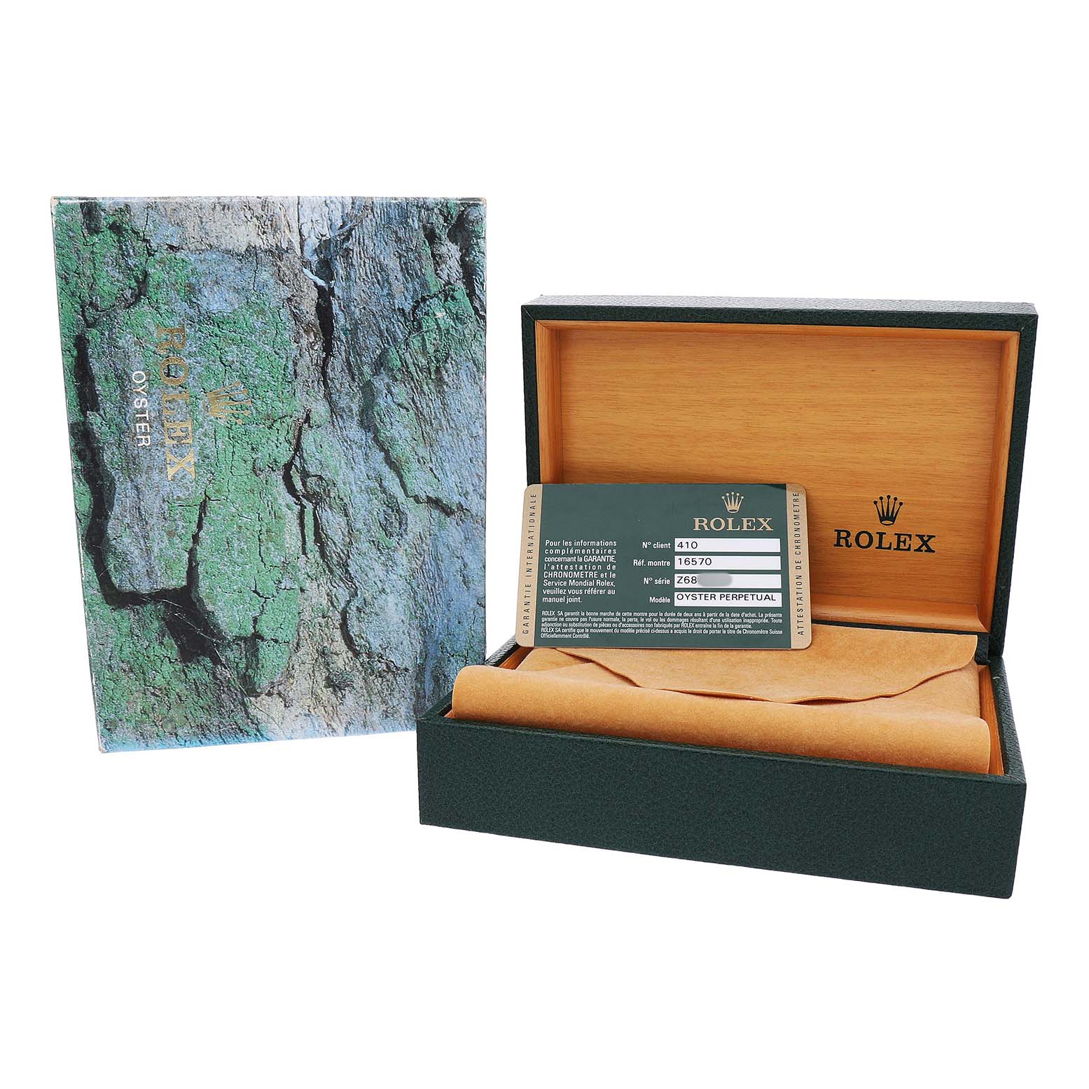 The image shows a Rolex Explorer 16570 Men's Stainless Steel Black Dial model box, warranty card, and outer packaging from a side angle.