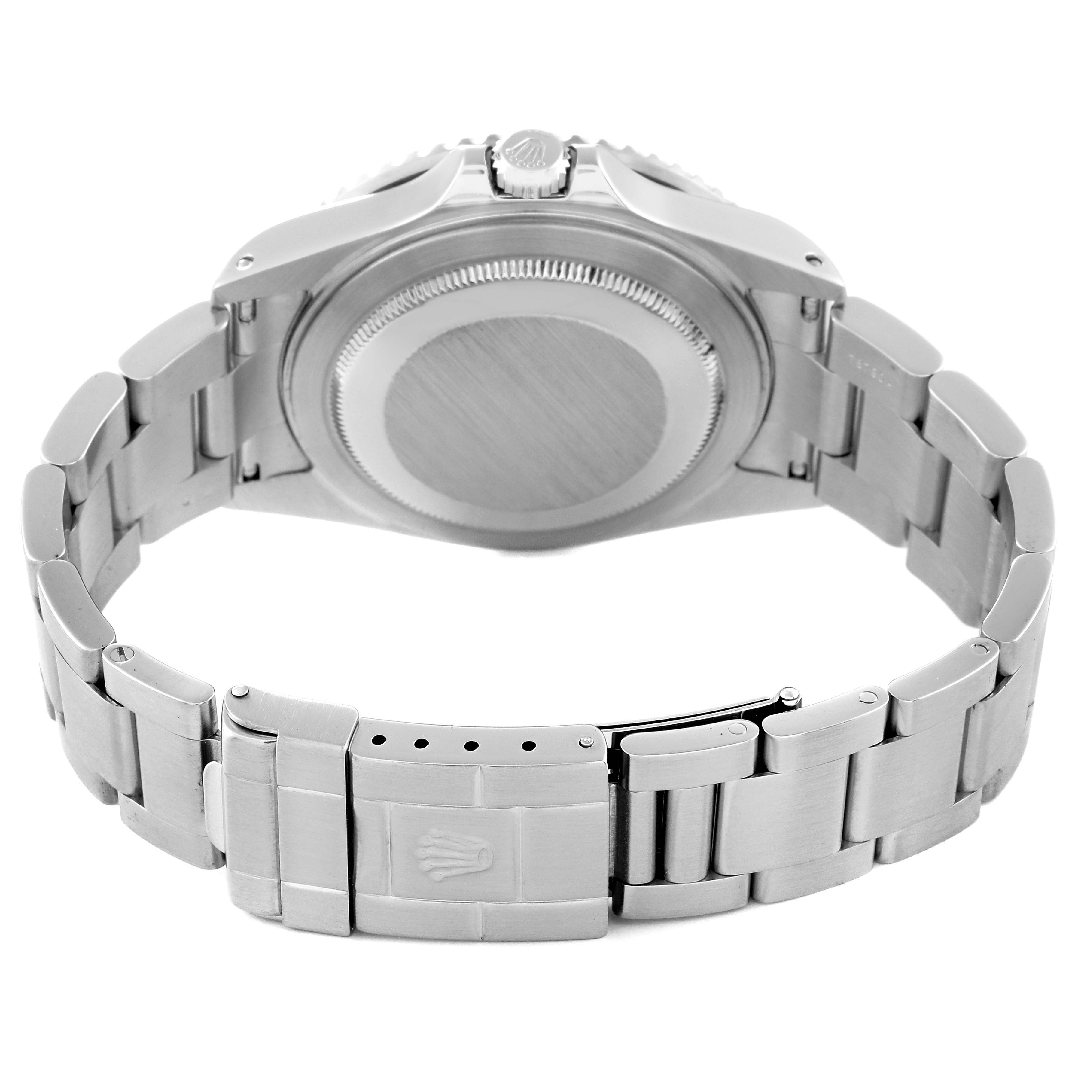 The image shows the back of a Rolex GMT-Master 16710 Men
s Stainless Steel Black Dial 16710 Men
s Stainless Steel Black Dial watch, including the case back, crown, and metal bracelet.