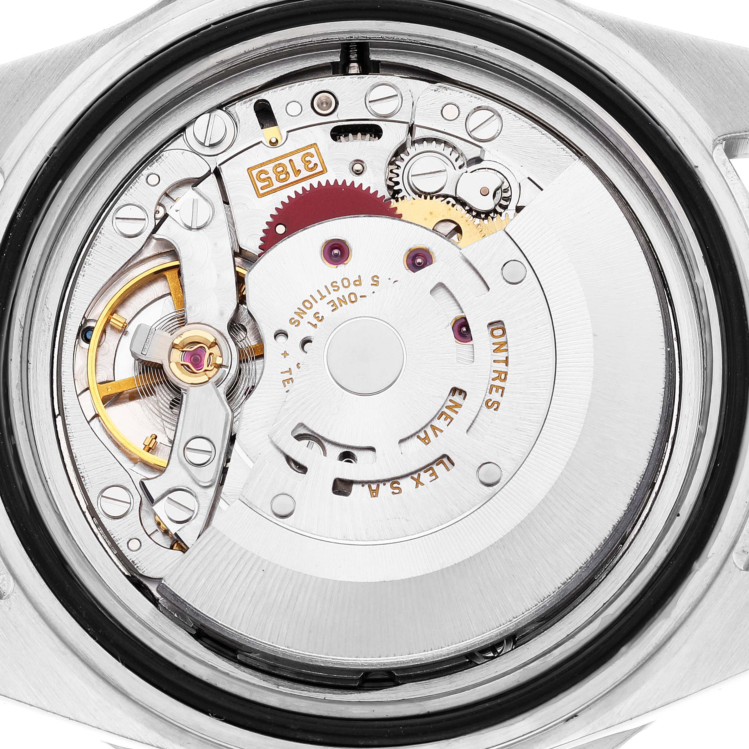 The image shows a close-up of the Rolex GMT-Master 16710 Men
s Stainless Steel Black Dial 16710 Men
s Stainless Steel Black Dial
s watch movement from the back, highlighting the intricate mechanisms inside.