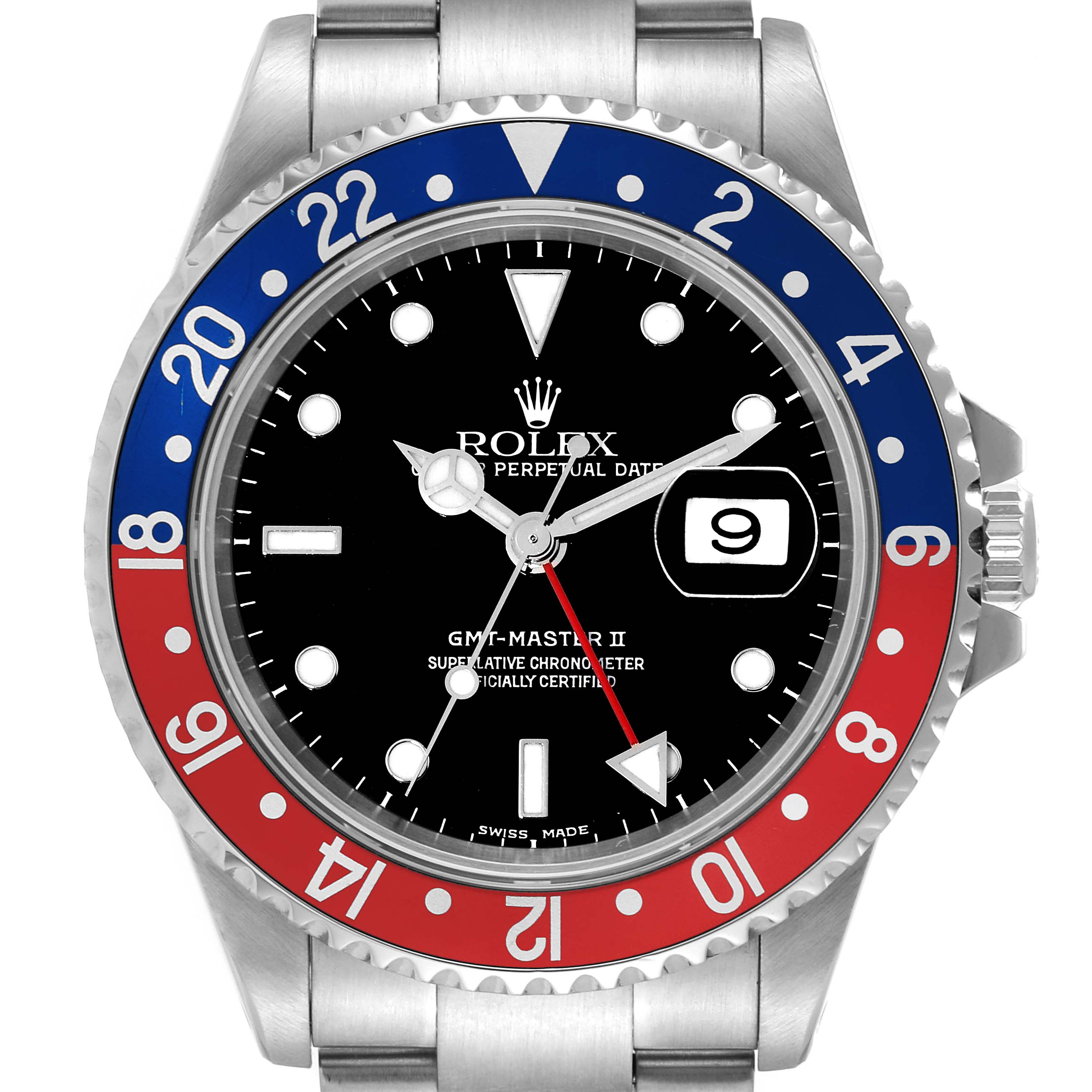 The Rolex GMT-Master 16710 Men
s Stainless Steel Black Dial 16710 Men
s Stainless Steel Black Dial II watch is shown from a front angle, displaying its bezel, dial, hands, and date feature.