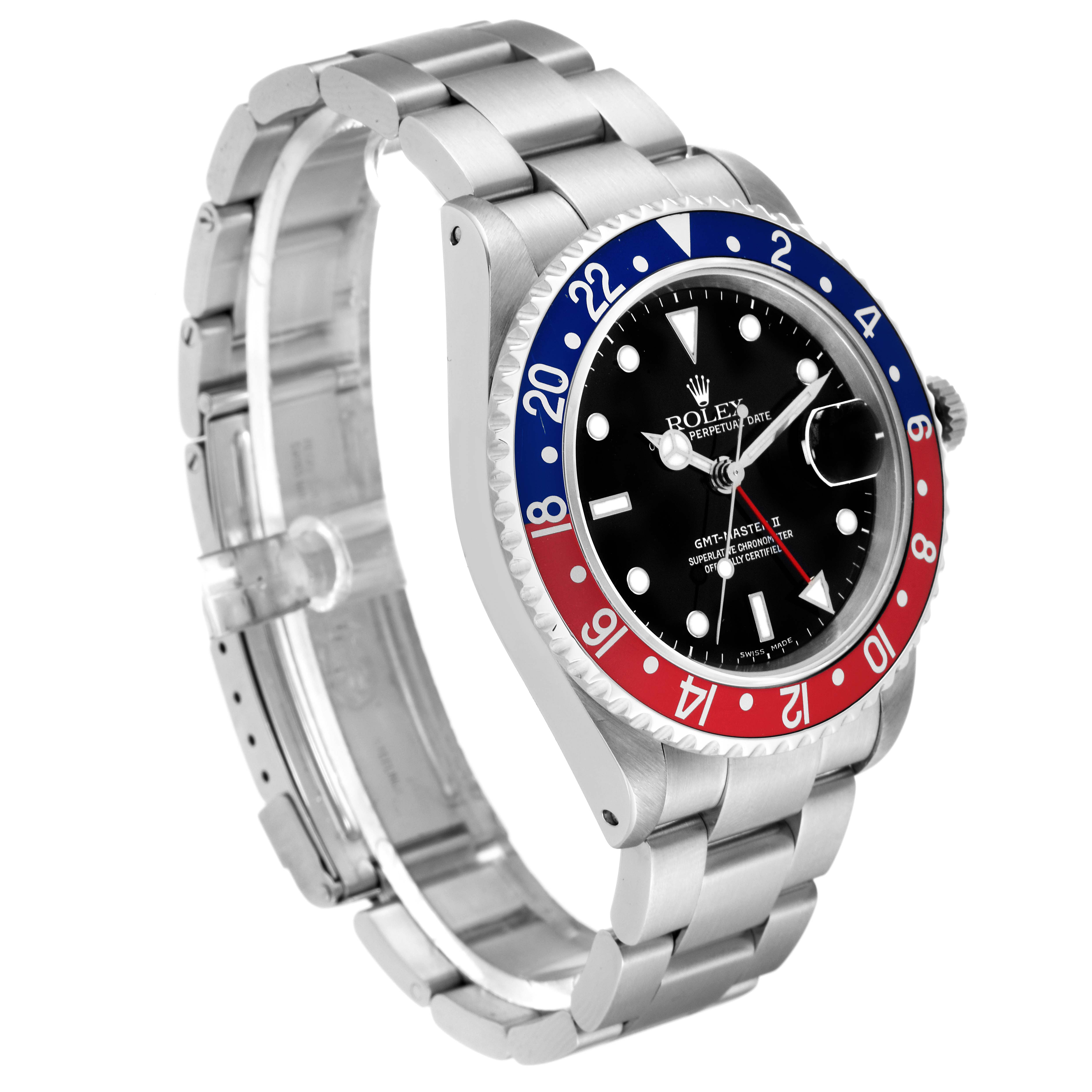 The image shows a side angle of a Rolex GMT-Master 16710 Men
s Stainless Steel Black Dial 16710 Men
s Stainless Steel Black Dial watch, highlighting its "Pepsi" bezel and the metal bracelet.