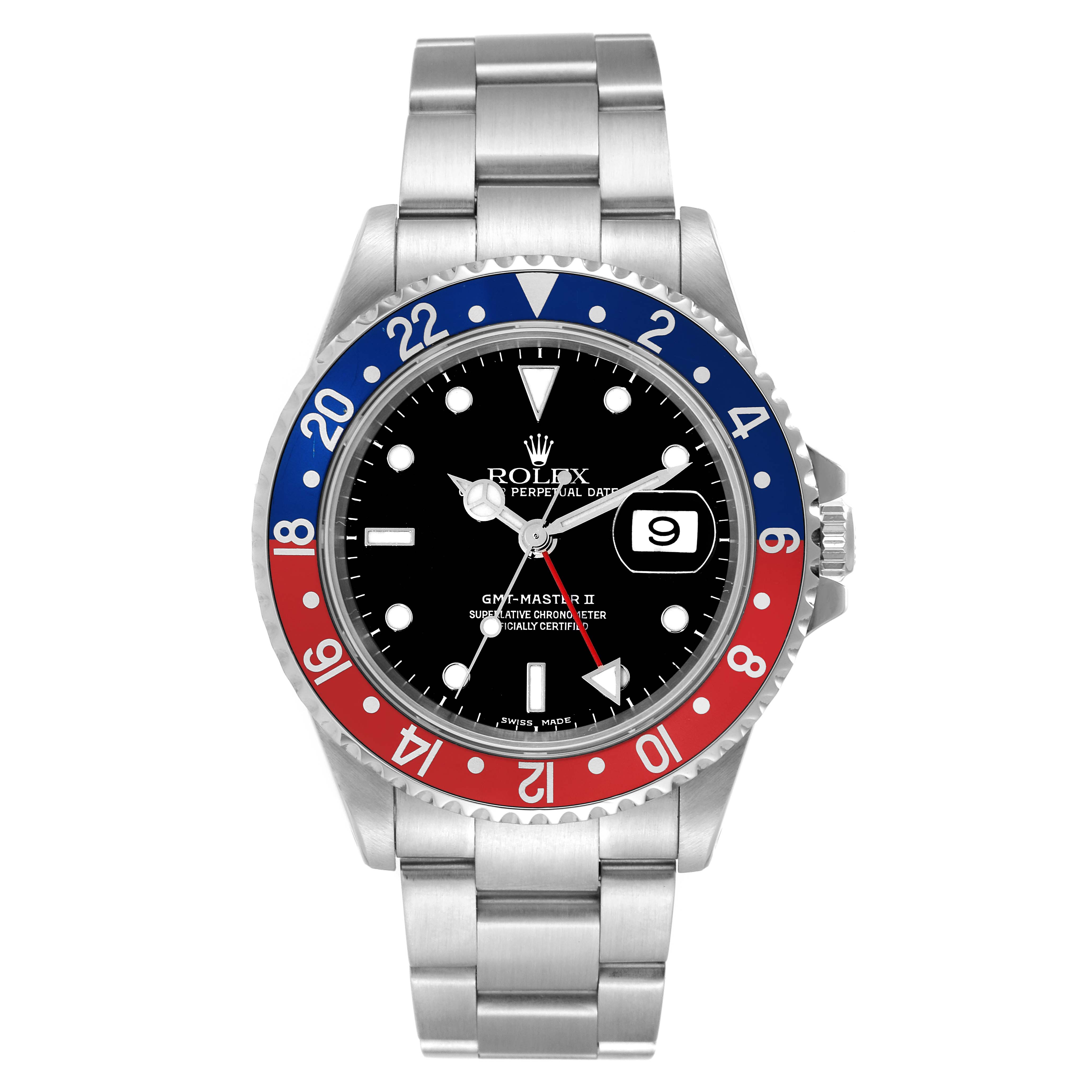 Front view of a Rolex GMT-Master 16710 Men
s Stainless Steel Black Dial 16710 Men
s Stainless Steel Black Dial II watch showing the face, bezel, crown, and bracelet.