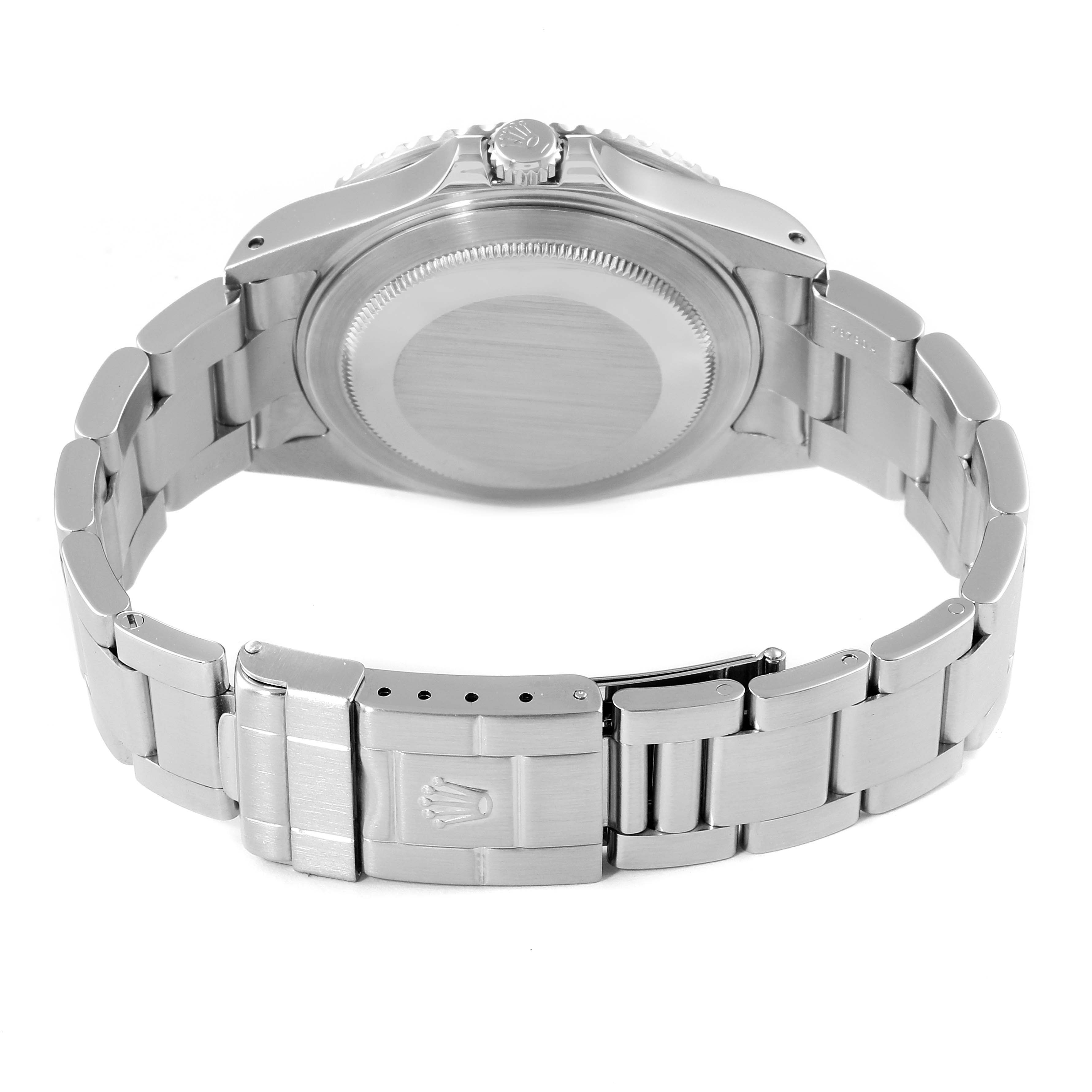 This image shows the back of the Rolex GMT-Master 16710 Men's Stainless Steel Black Dial 16710 Men's Stainless Steel Black Dial watch, focusing on its case, bracelet, and clasp.