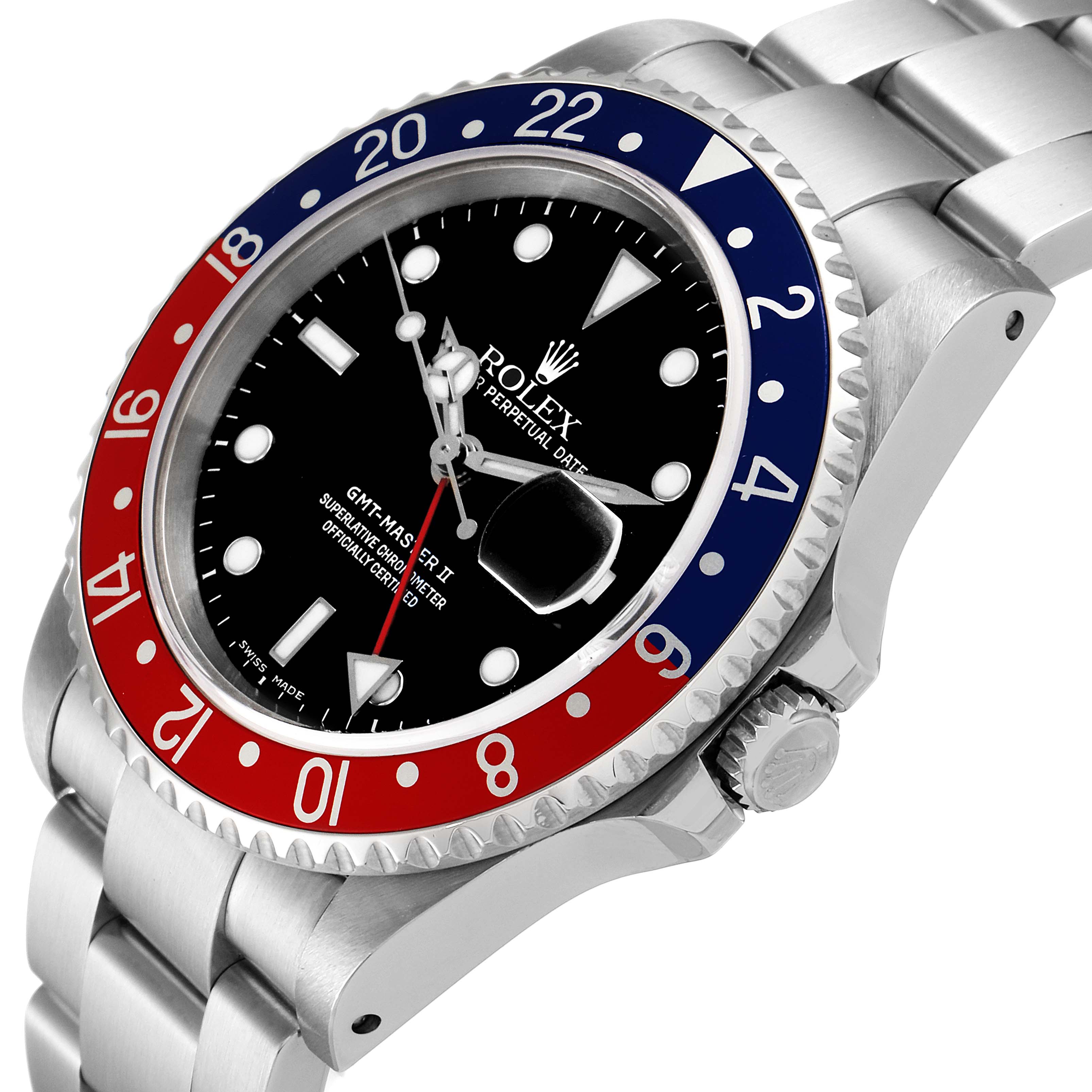 The Rolex GMT-Master 16710 Men's Stainless Steel Black Dial 16710 Men's Stainless Steel Black Dial watch is shown at a slight angle, highlighting the bezel, dial, crown, and part of the bracelet.