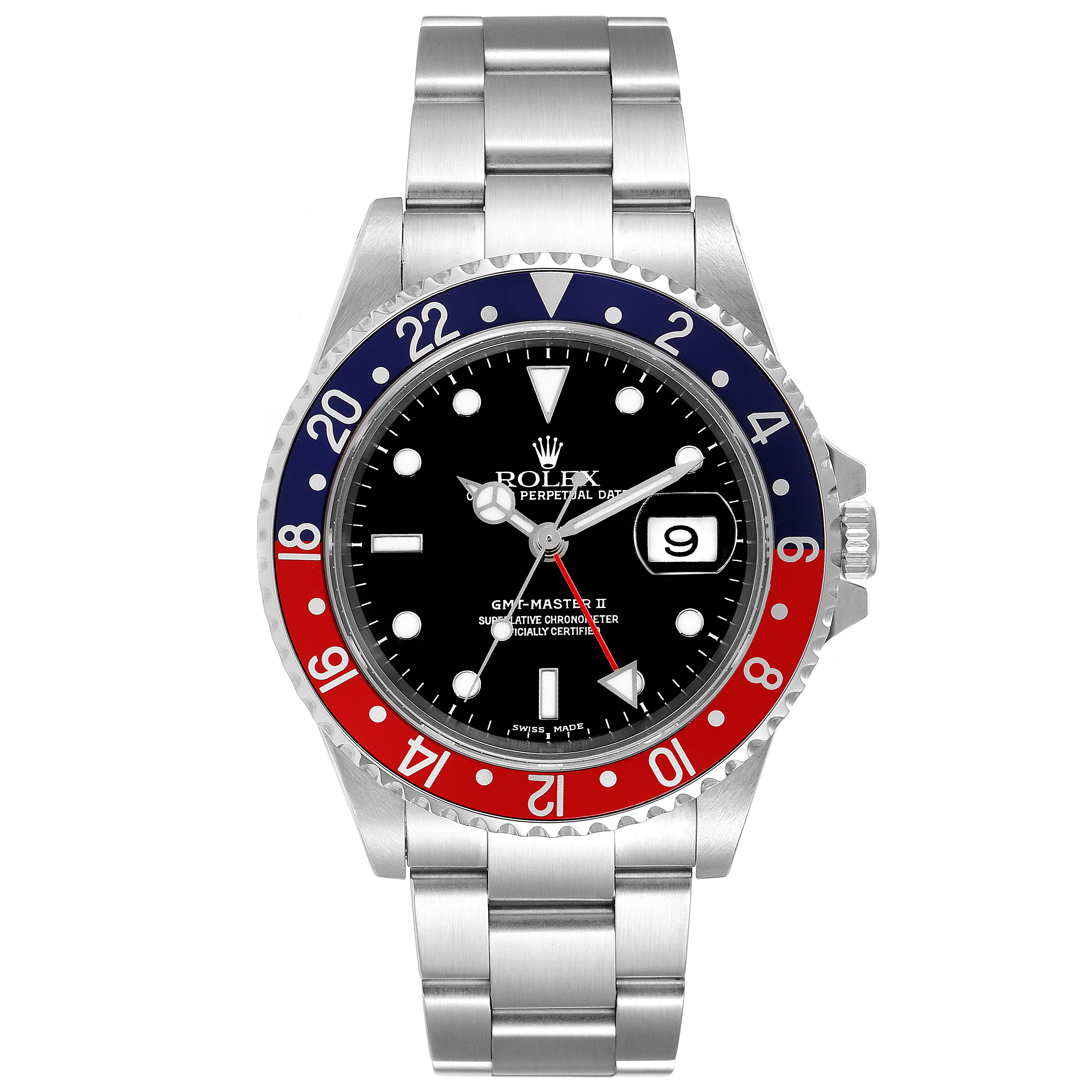 This image shows a front view of a Rolex GMT-Master 16710 Men's Stainless Steel Black Dial 16710 Men's Stainless Steel Black Dial II watch, highlighting its dial, bezel, and bracelet.