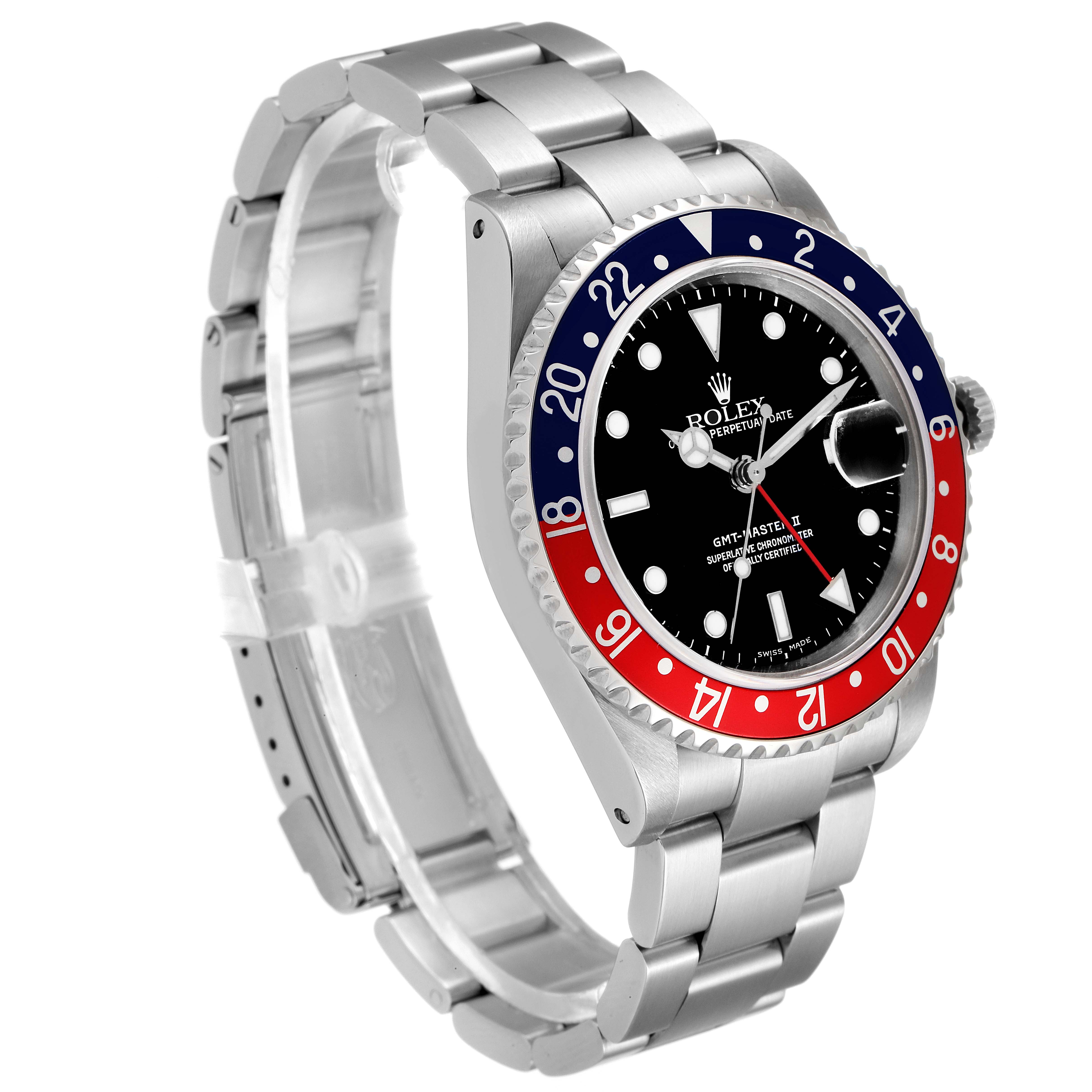 The image shows a Rolex GMT-Master 16710 Men's Stainless Steel Black Dial 16710 Men's Stainless Steel Black Dial watch from a three-quarter angle, highlighting its bezel, dial, and bracelet.