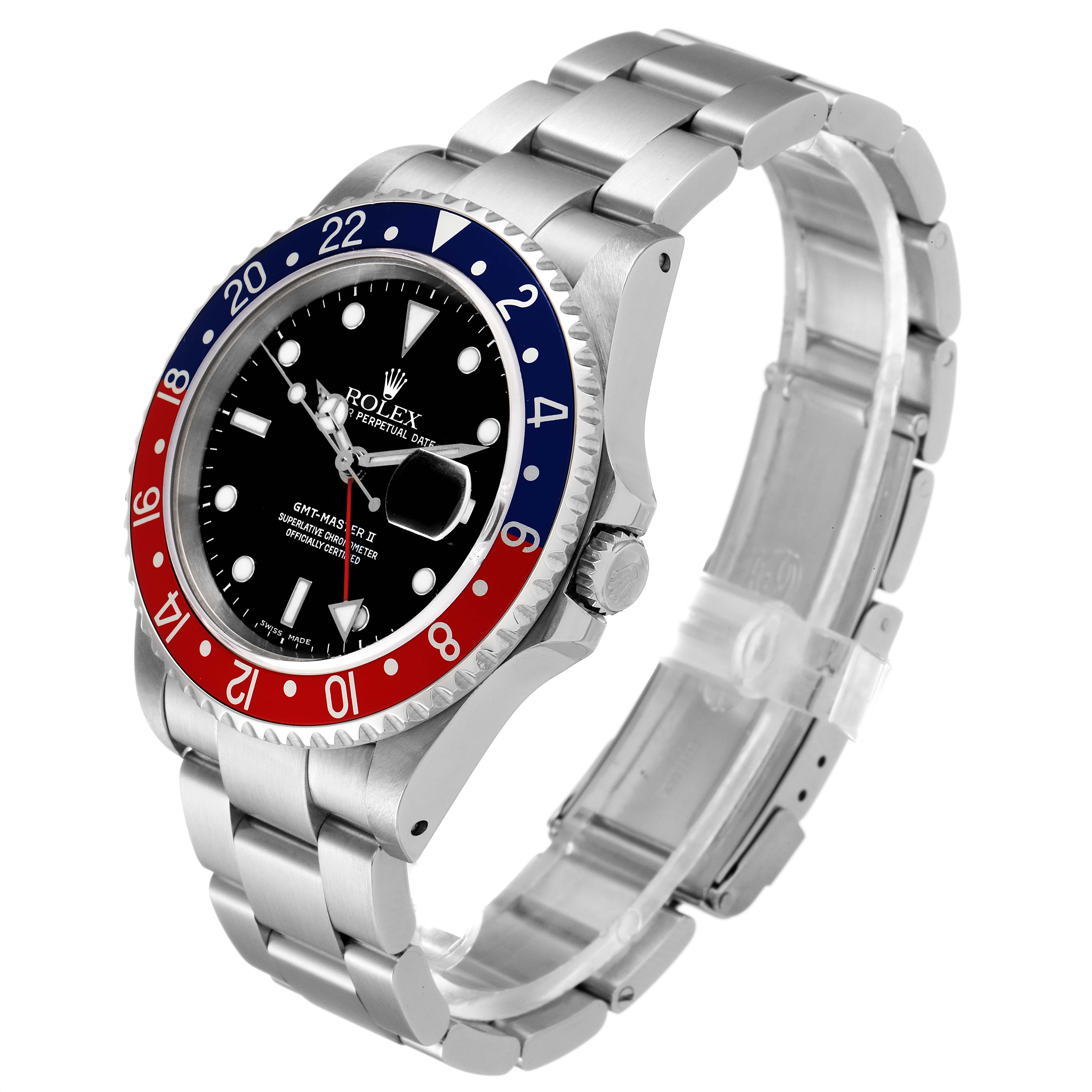 The image displays a Rolex GMT-Master 16710 Men's Stainless Steel Black Dial 16710 Men's Stainless Steel Black Dial watch at an angled view, showing the bezel, crown, face, and part of the bracelet.