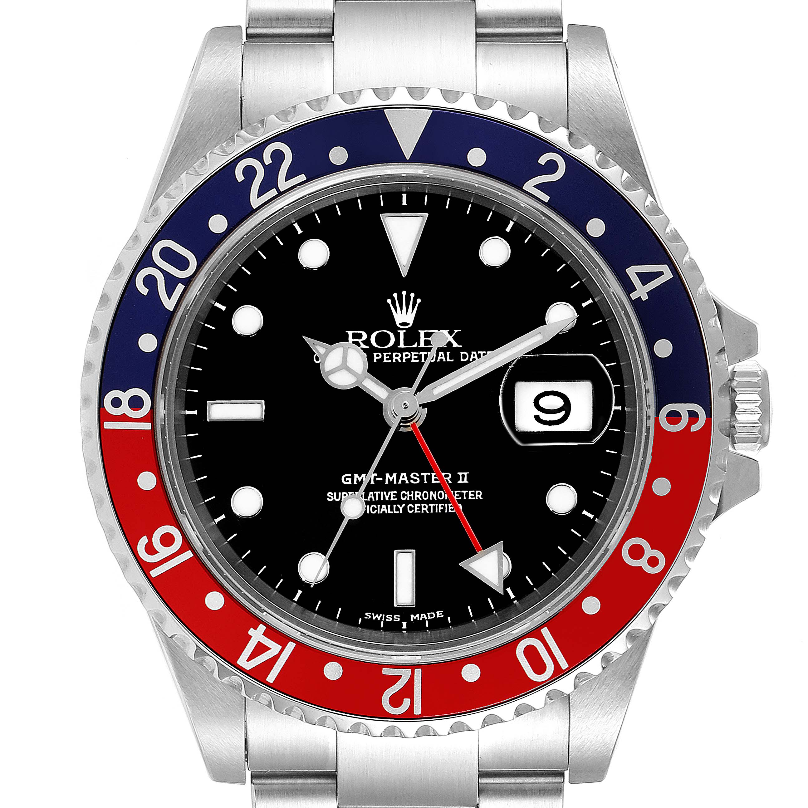This image shows a front view of a Rolex GMT-Master 16710 Men's Stainless Steel Black Dial 16710 Men's Stainless Steel Black Dial II watch, highlighting the dial, bezel, and part of the bracelet.