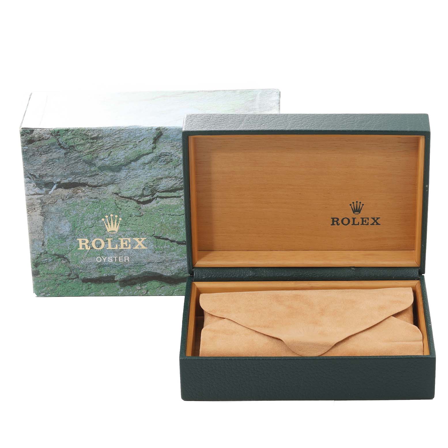 The image shows an open Rolex Oyster box for a Mid-Size model, featuring a wooden interior and suede pouch.