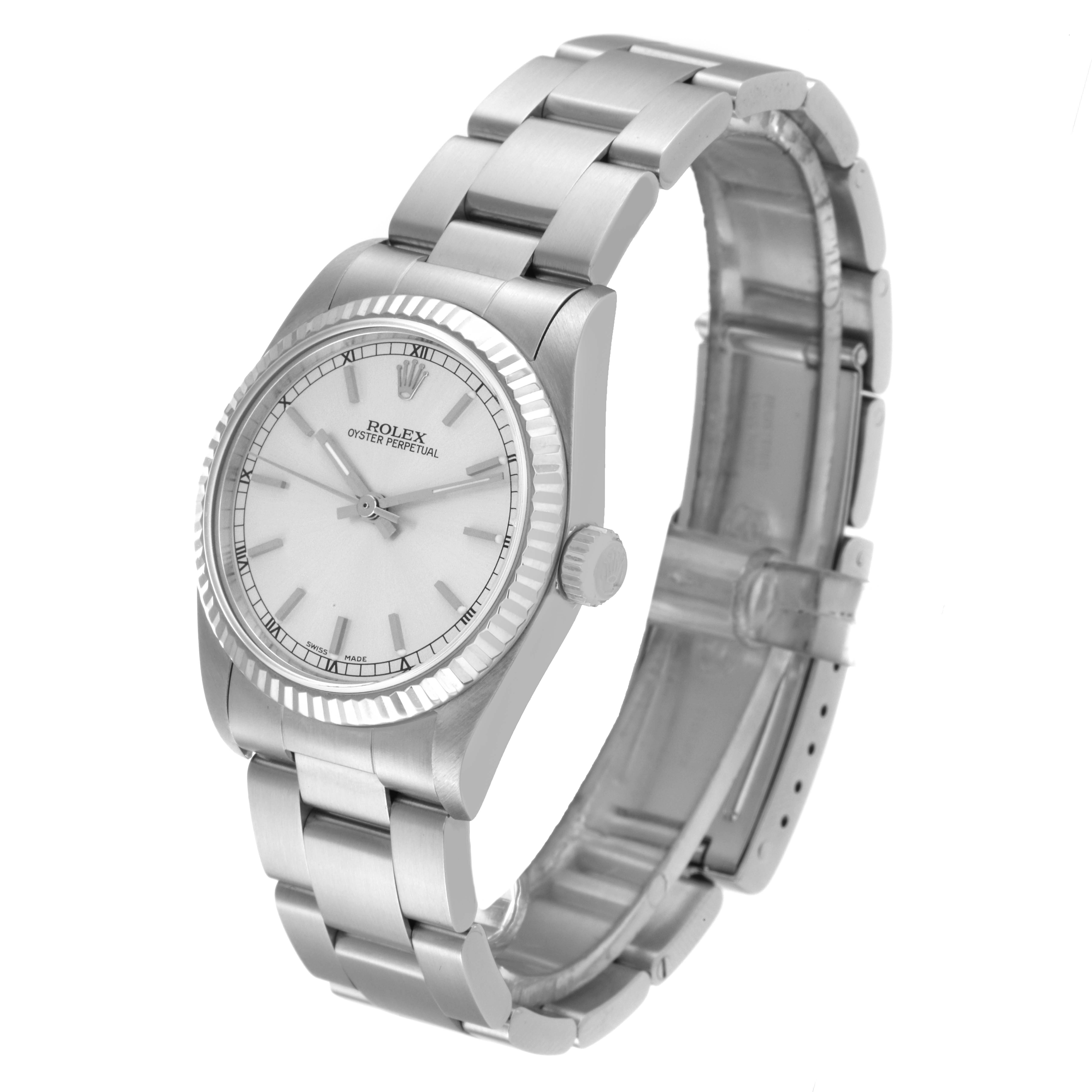The image shows a Rolex Mid-Size 77014 Women
s Stainless Steel Silver Dial 77014 Women
s Stainless Steel Silver Dial Oyster Perpetual watch at a slight angled view, highlighting the bezel, dial, bracelet, and crown.