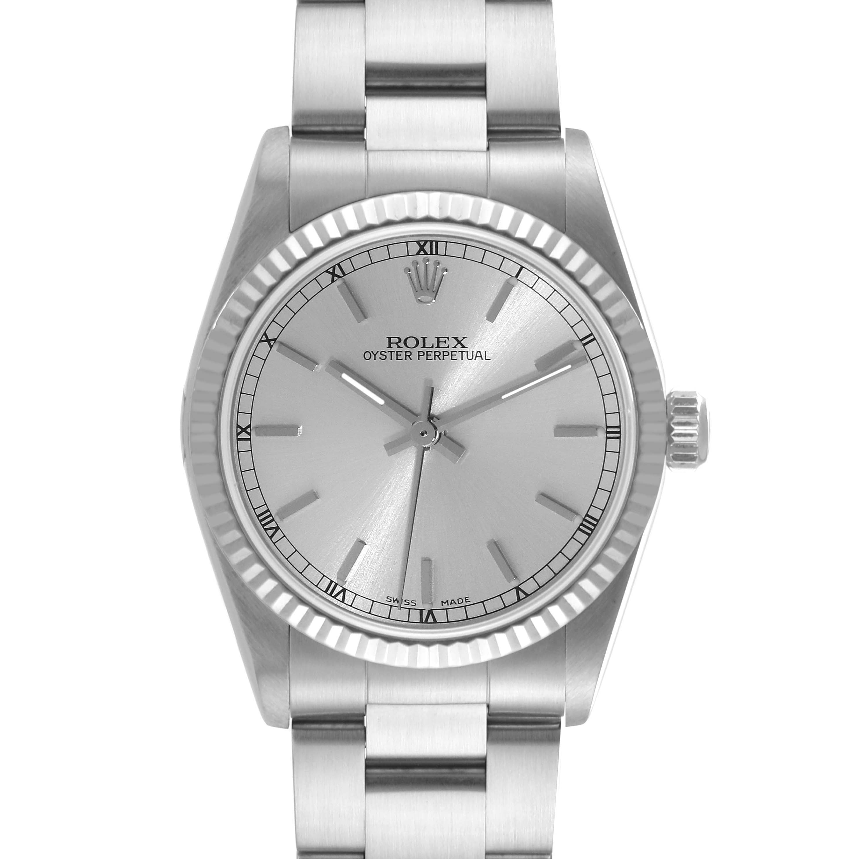 The image shows a frontal view of a Rolex Oyster Perpetual Mid-Size watch, displaying its dial, hands, and bracelet.