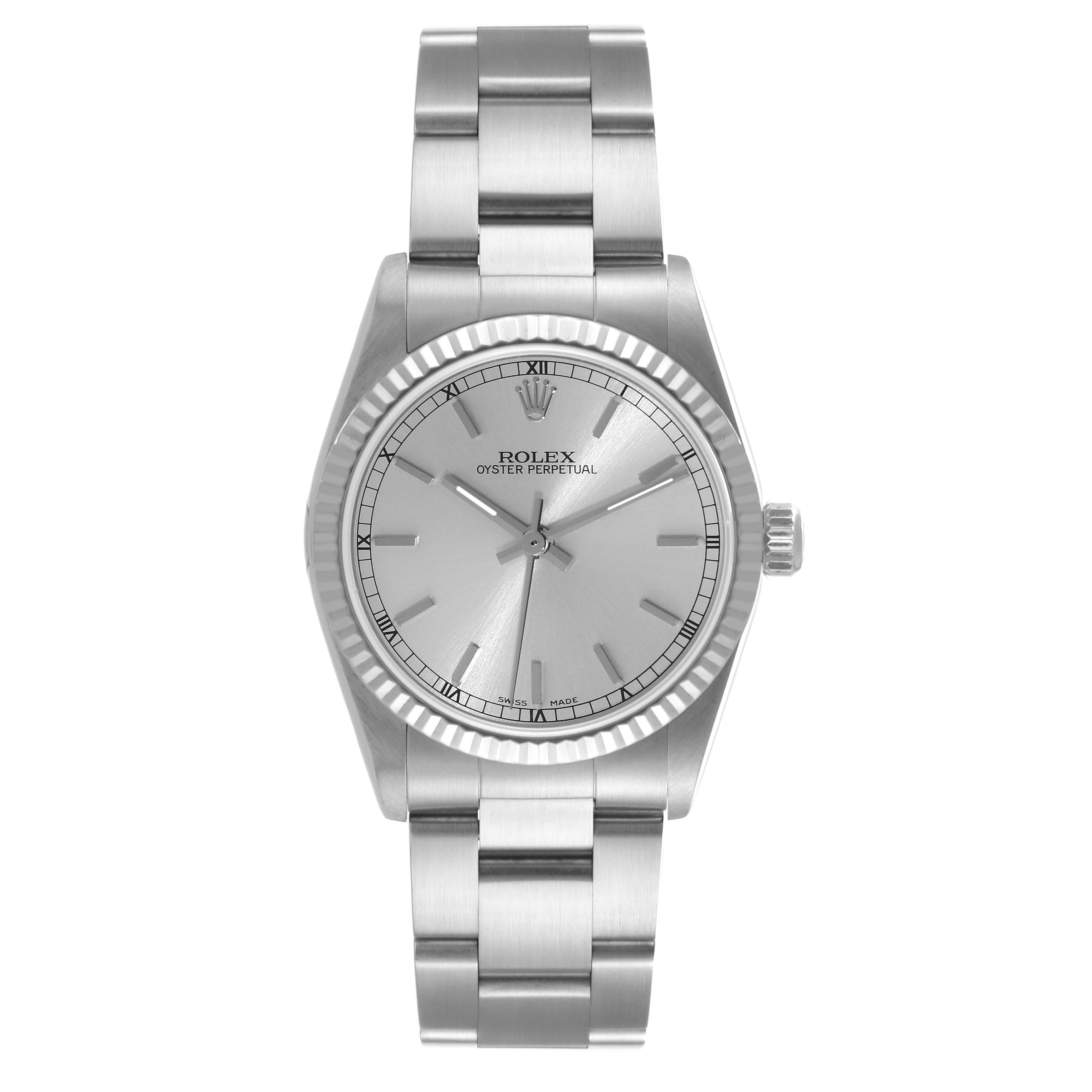 The image displays a front view of a Rolex Mid-Size 77014 Women
s Stainless Steel Silver Dial 77014 Women
s Stainless Steel Silver Dial Oyster Perpetual watch, showing the dial, bezel, and bracelet.