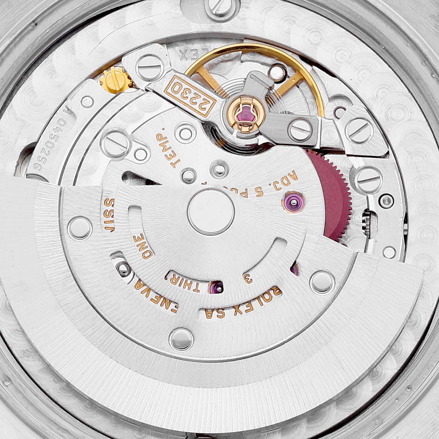 This image shows the close-up view of the movement mechanism inside a Rolex Mid-Size 77014 Women
s Stainless Steel Silver Dial 77014 Women
s Stainless Steel Silver Dial watch.