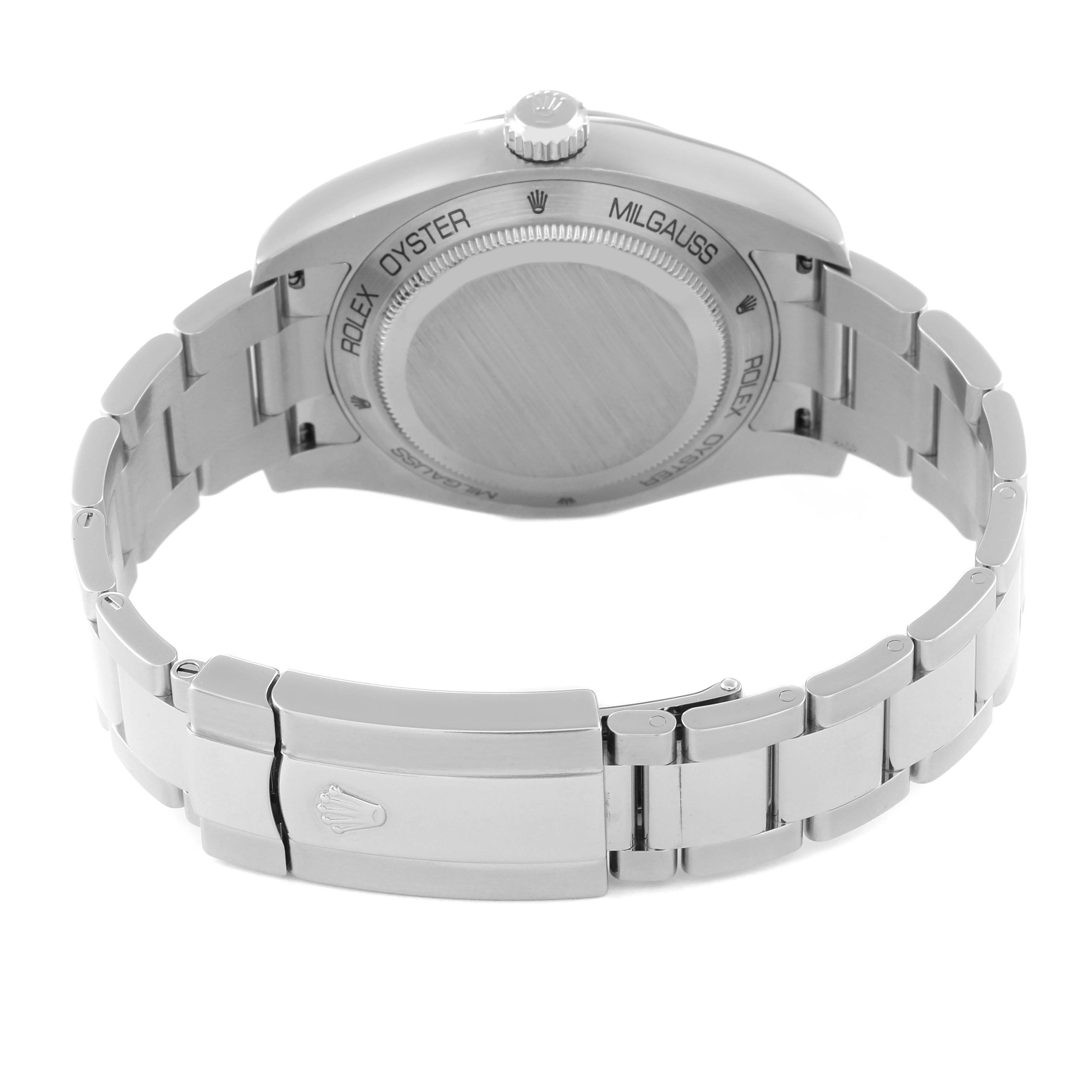 This image shows the back view of the Rolex Milgauss 116400 Men's Stainless Steel Black Dial 116400 Men's Stainless Steel Black Dial watch, highlighting the stainless steel case back and bracelet.