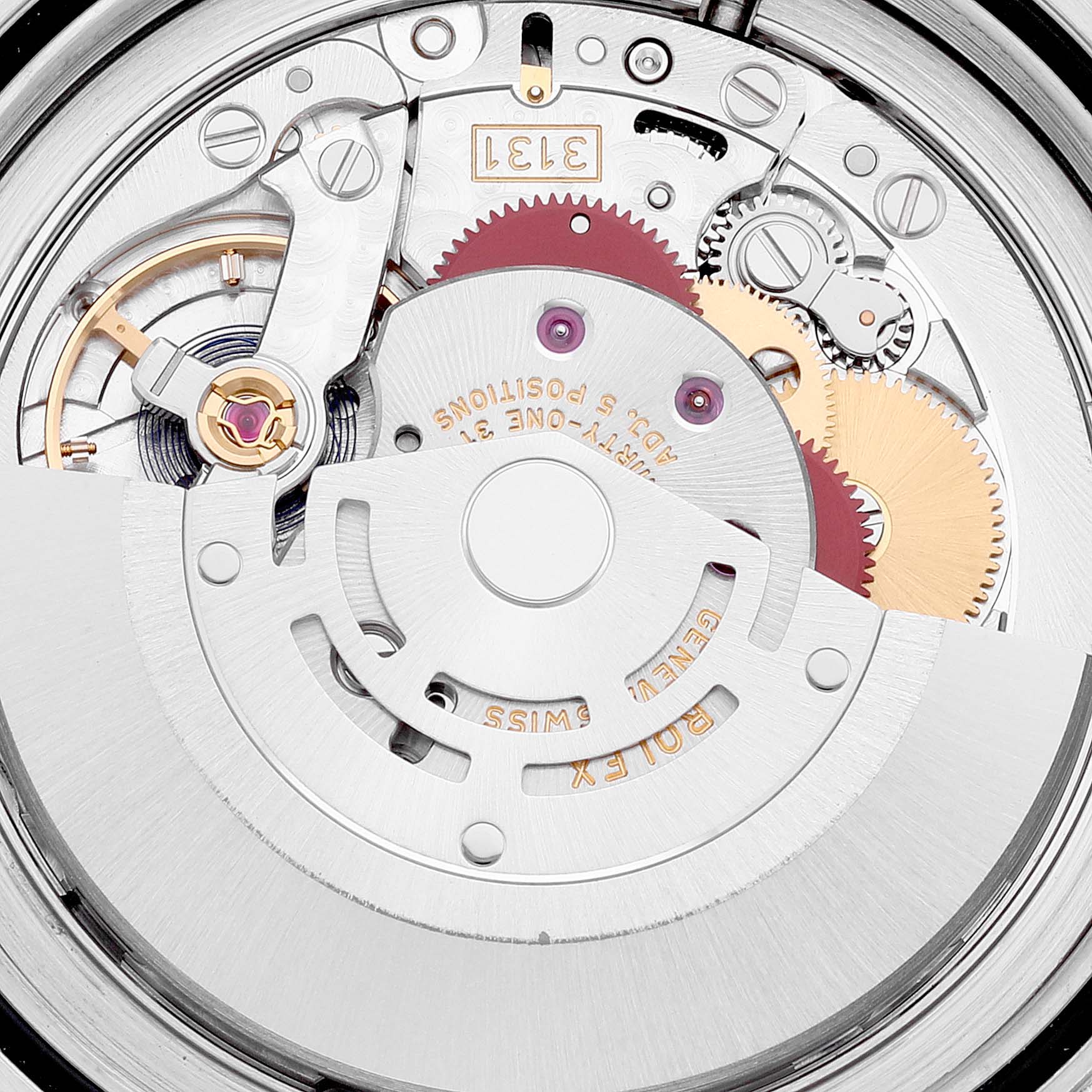 The image shows the inner mechanical movement of the Rolex Milgauss 116400 Men's Stainless Steel Black Dial 116400 Men's Stainless Steel Black Dial watch viewed from a close-up angle.