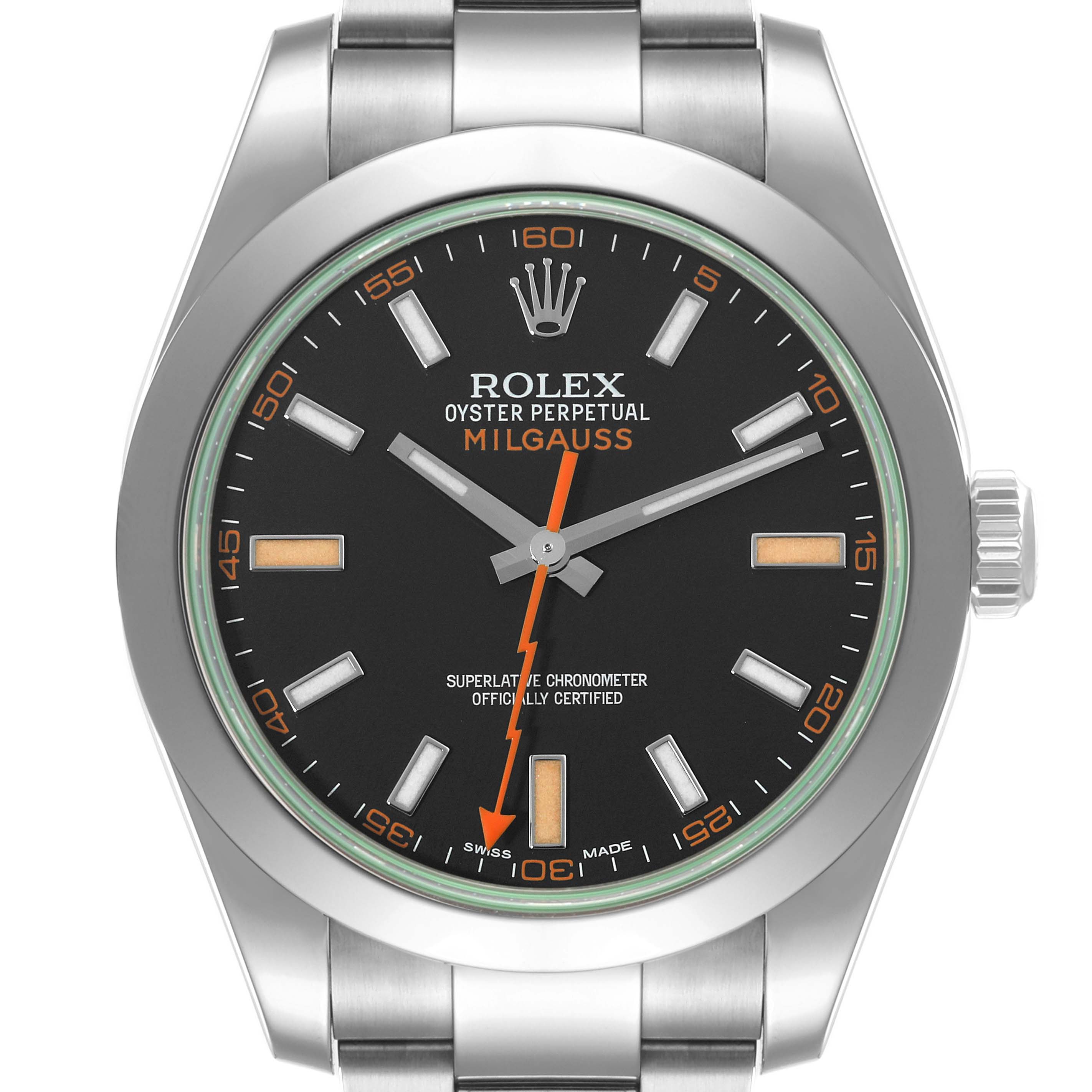 The image shows a front view of the Rolex Milgauss 116400 Men's Stainless Steel Black Dial 116400 Men's Stainless Steel Black Dial watch, highlighting its face, bezel, and part of its bracelet.