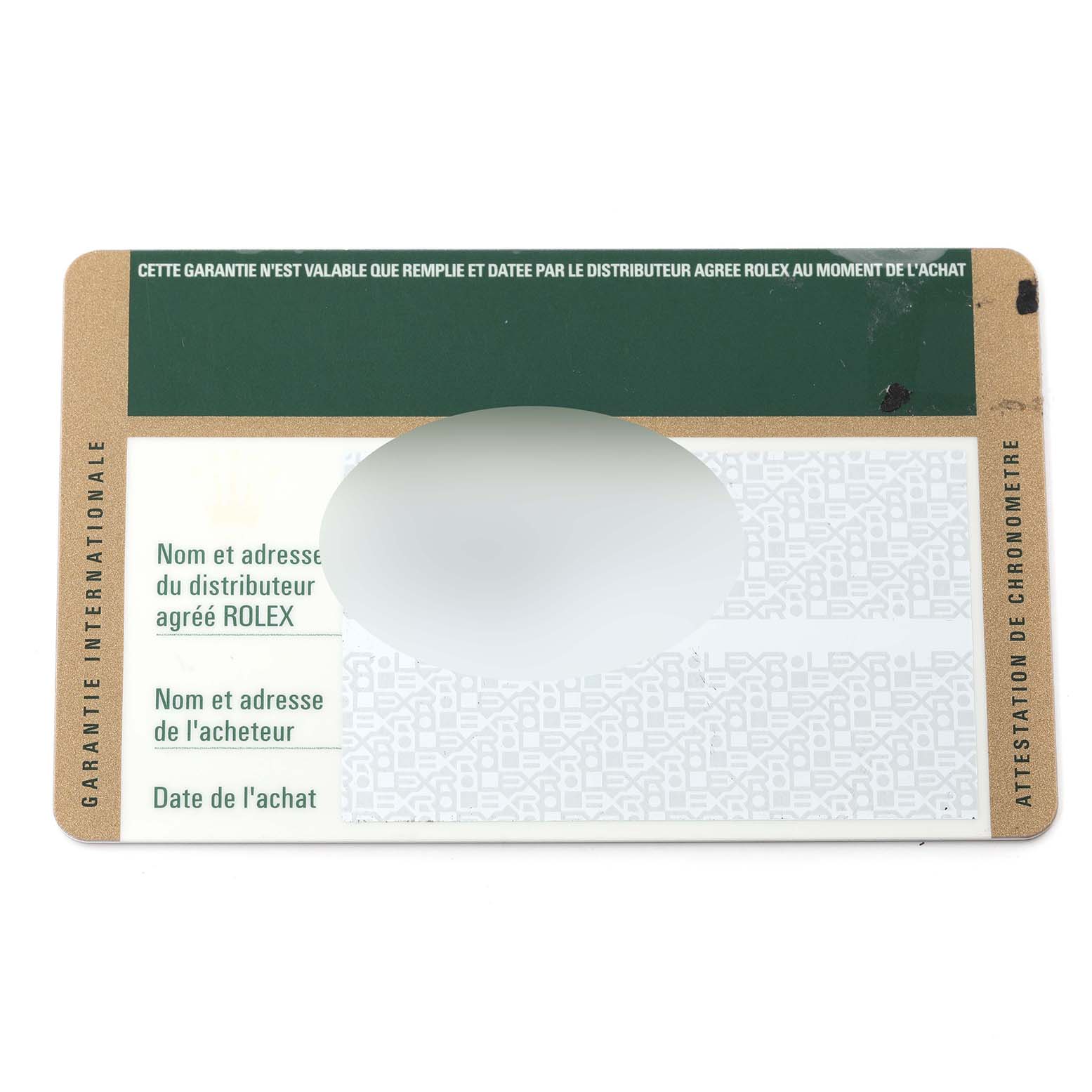 The image shows a Rolex warranty card for the Milgauss model, displaying sections for distributor and buyer details.