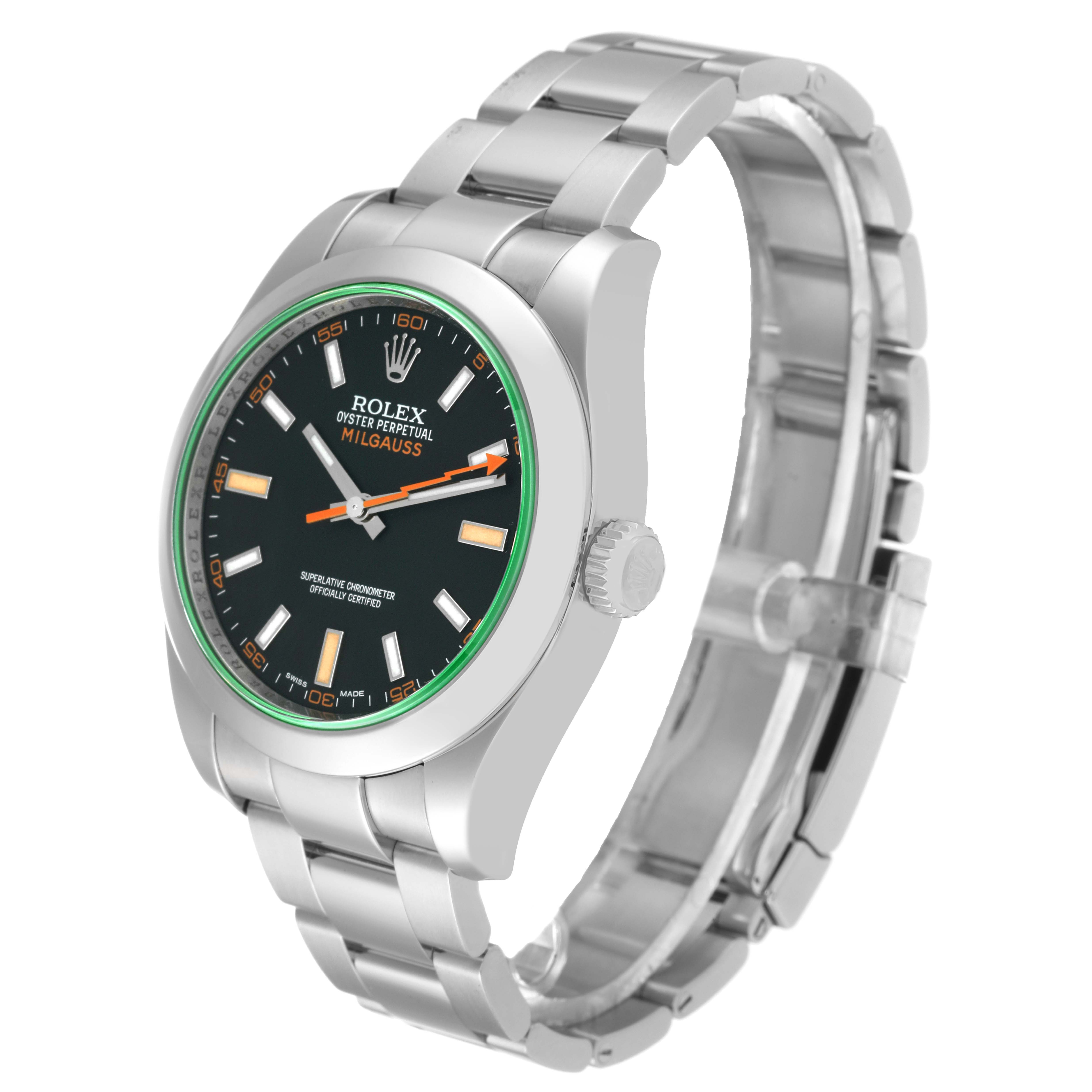 The Rolex Milgauss 116400 Men's Stainless Steel Black Dial 116400 Men's Stainless Steel Black Dial watch is shown at an angled view, displaying its face, case, and bracelet.