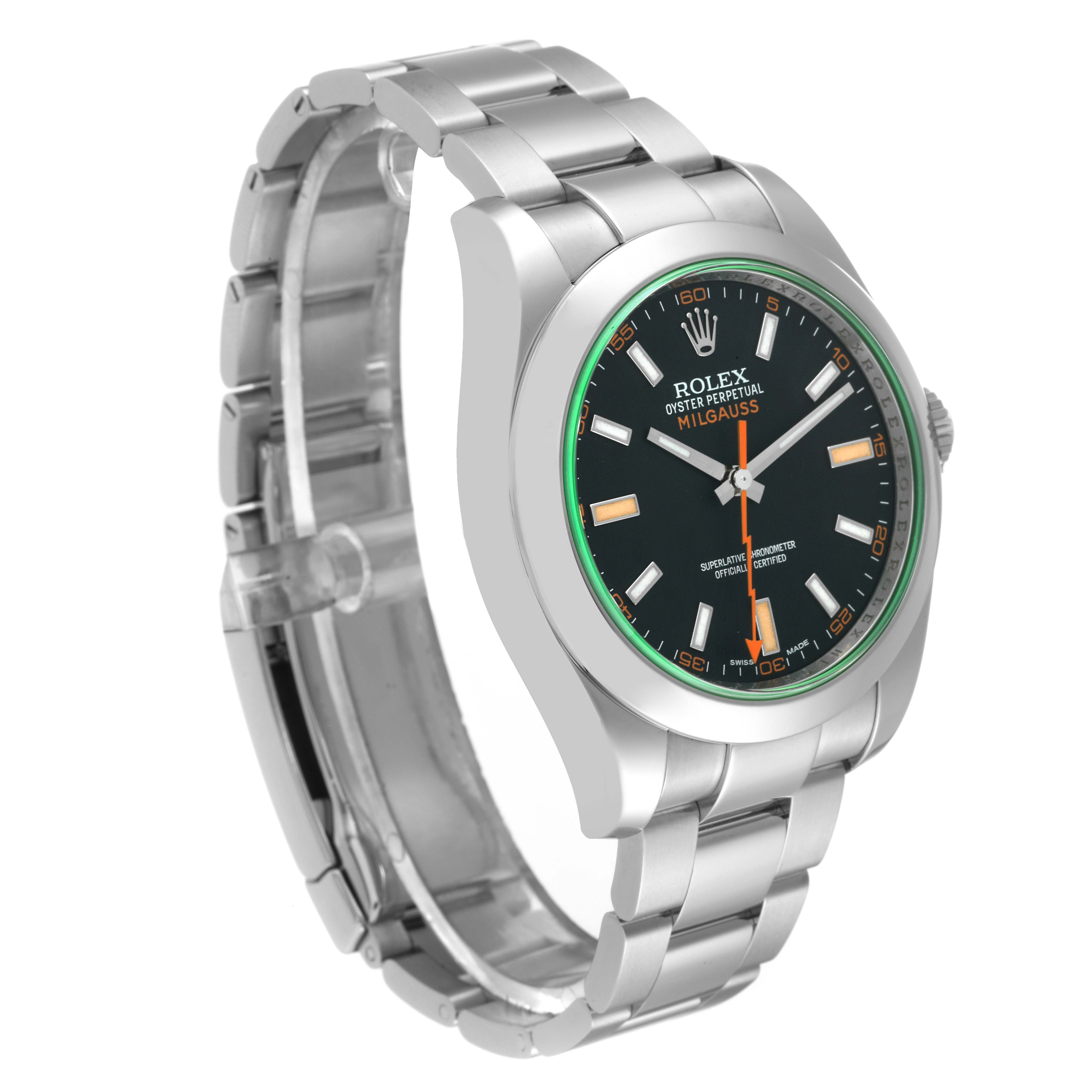 The image shows a Rolex Milgauss 116400 Men's Stainless Steel Black Dial 116400 Men's Stainless Steel Black Dial watch at a three-quarter angle, highlighting its face, bezel, case, and bracelet.