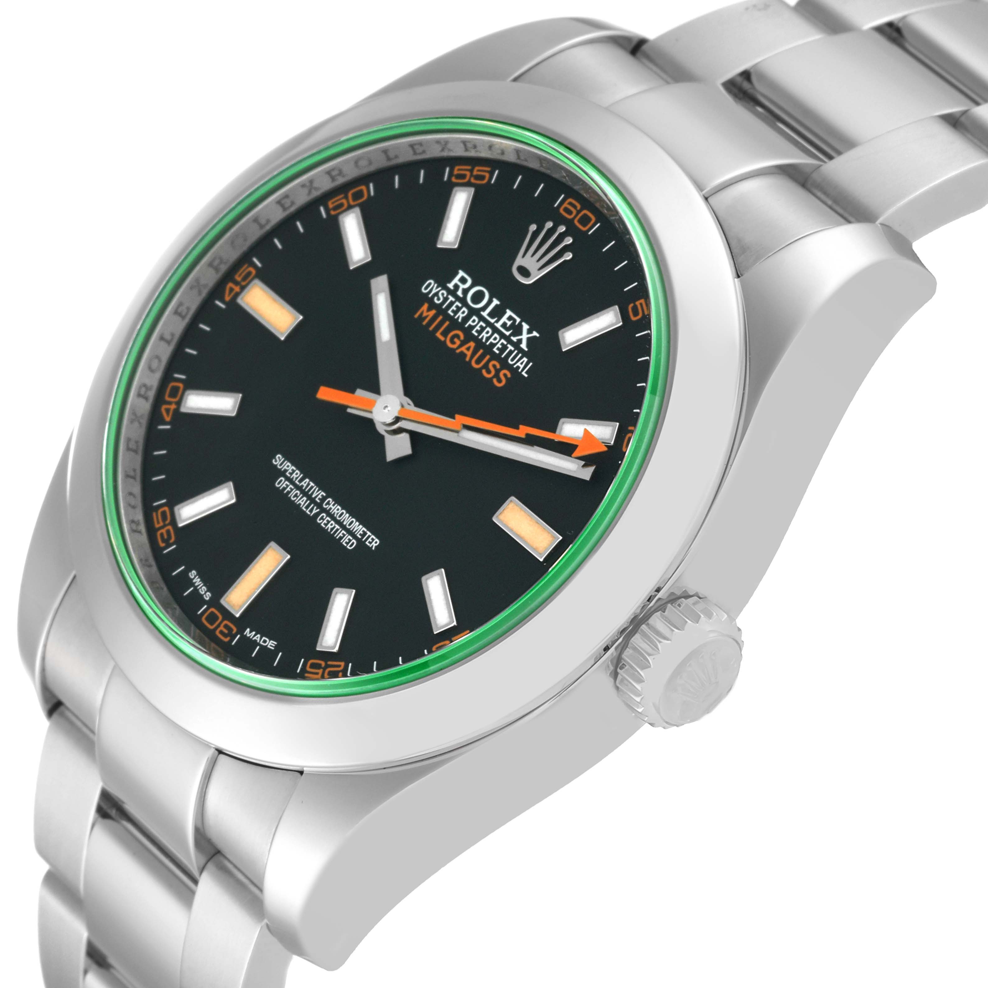The image shows a side angle of the Rolex Milgauss 116400 Men's Stainless Steel Black Dial 116400 Men's Stainless Steel Black Dial watch, highlighting the watch face, crown, and part of the bracelet.