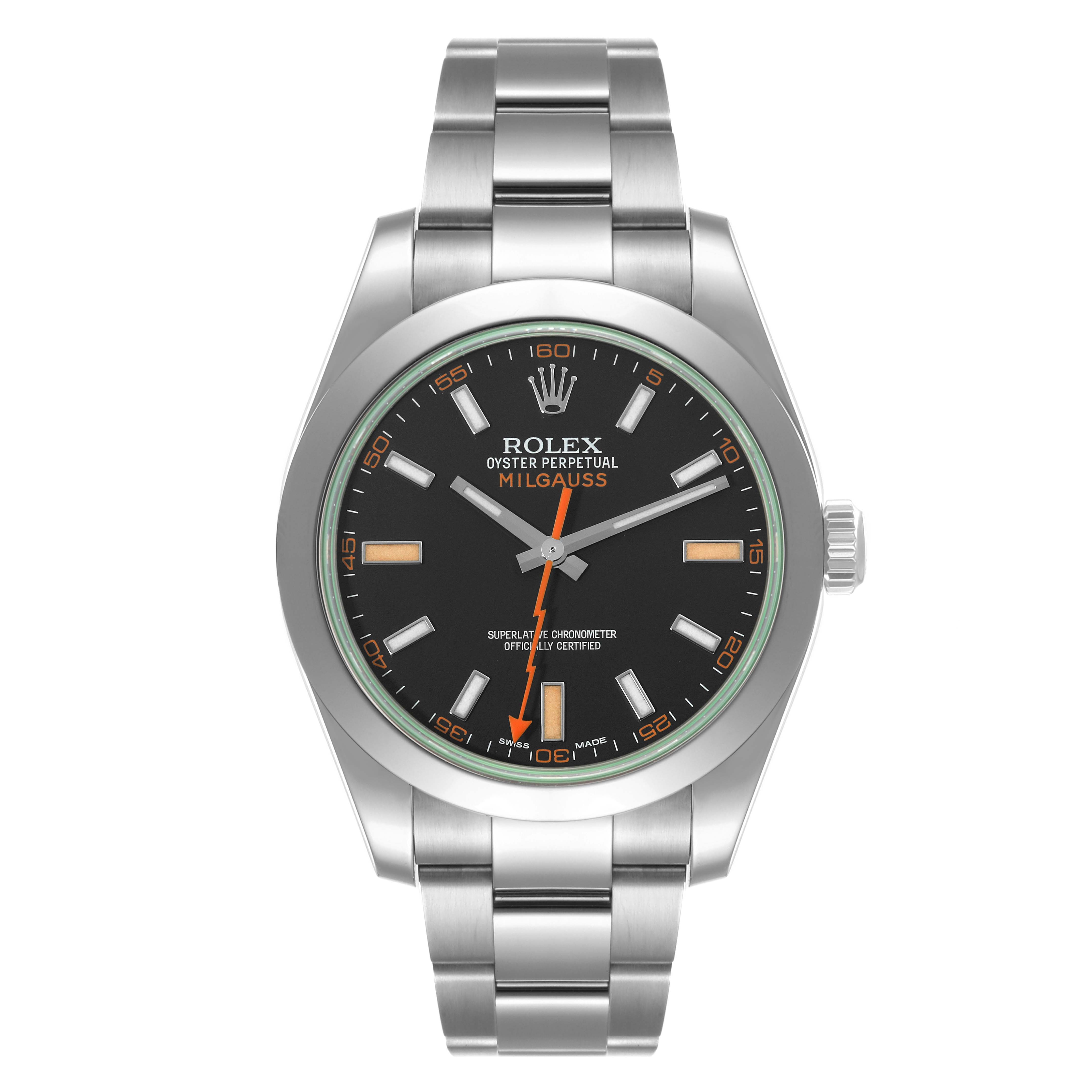 The image shows the Rolex Milgauss 116400 Men's Stainless Steel Black Dial 116400 Men's Stainless Steel Black Dial watch from a front angle, including the face, bezel, crown, and bracelet.