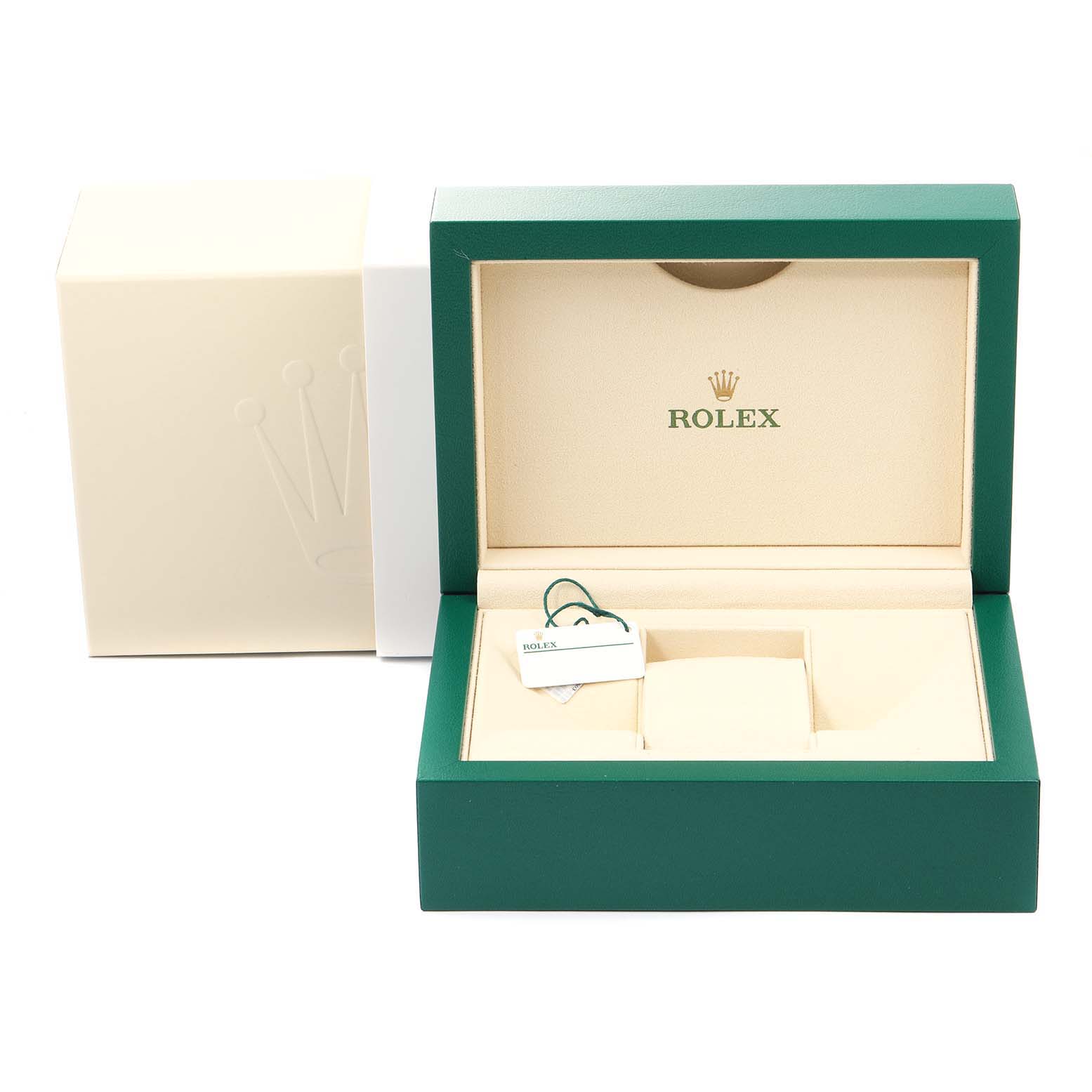 This image shows an open Rolex Milgauss 116400GV Men
s Stainless Steel Blue Dial 116400GV Men
s Stainless Steel Blue Dial watch box, with an exterior sleeve and a Rolex tag inside.