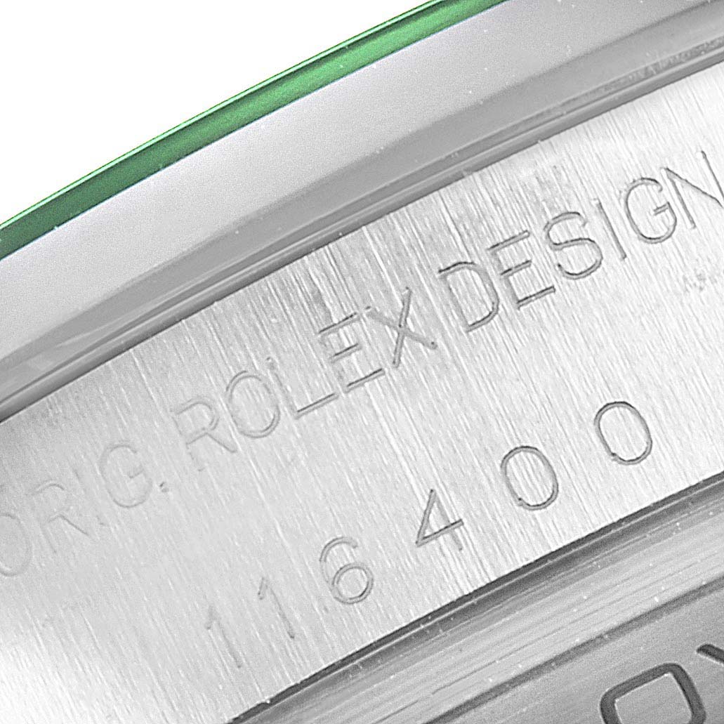 This image shows a close-up of the case back and engraved model number of a Rolex Milgauss 116400GV Men
s Stainless Steel Blue Dial 116400GV Men
s Stainless Steel Blue Dial watch.
