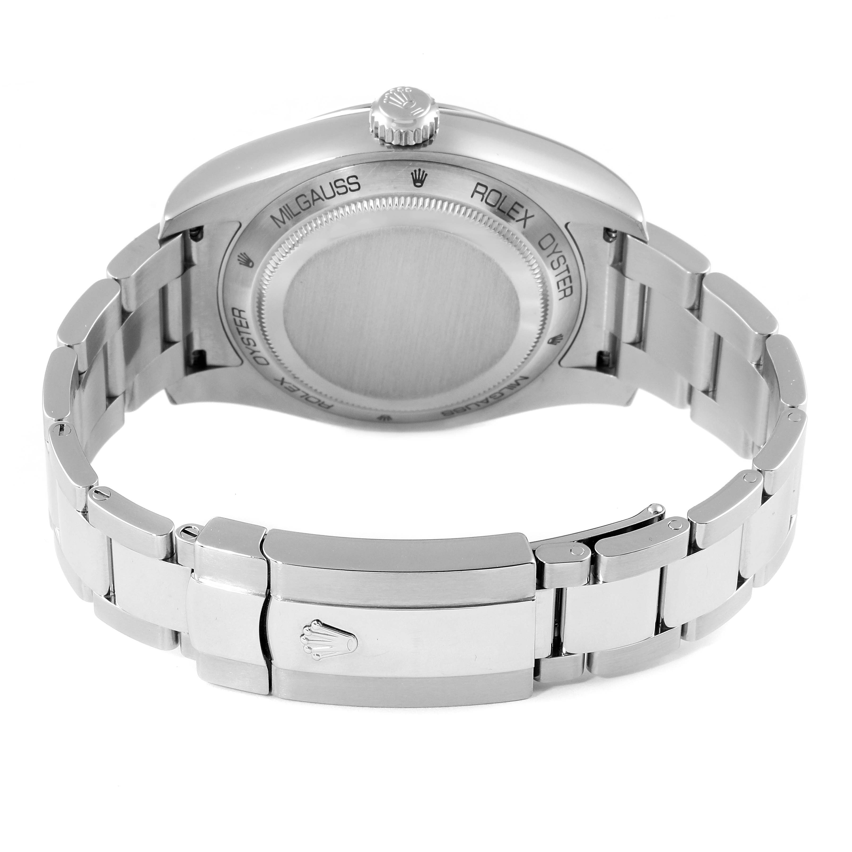 The image shows the back case and bracelet clasp of a Rolex Milgauss 116400GV Men
s Stainless Steel Blue Dial 116400GV Men
s Stainless Steel Blue Dial watch from a rear angle.