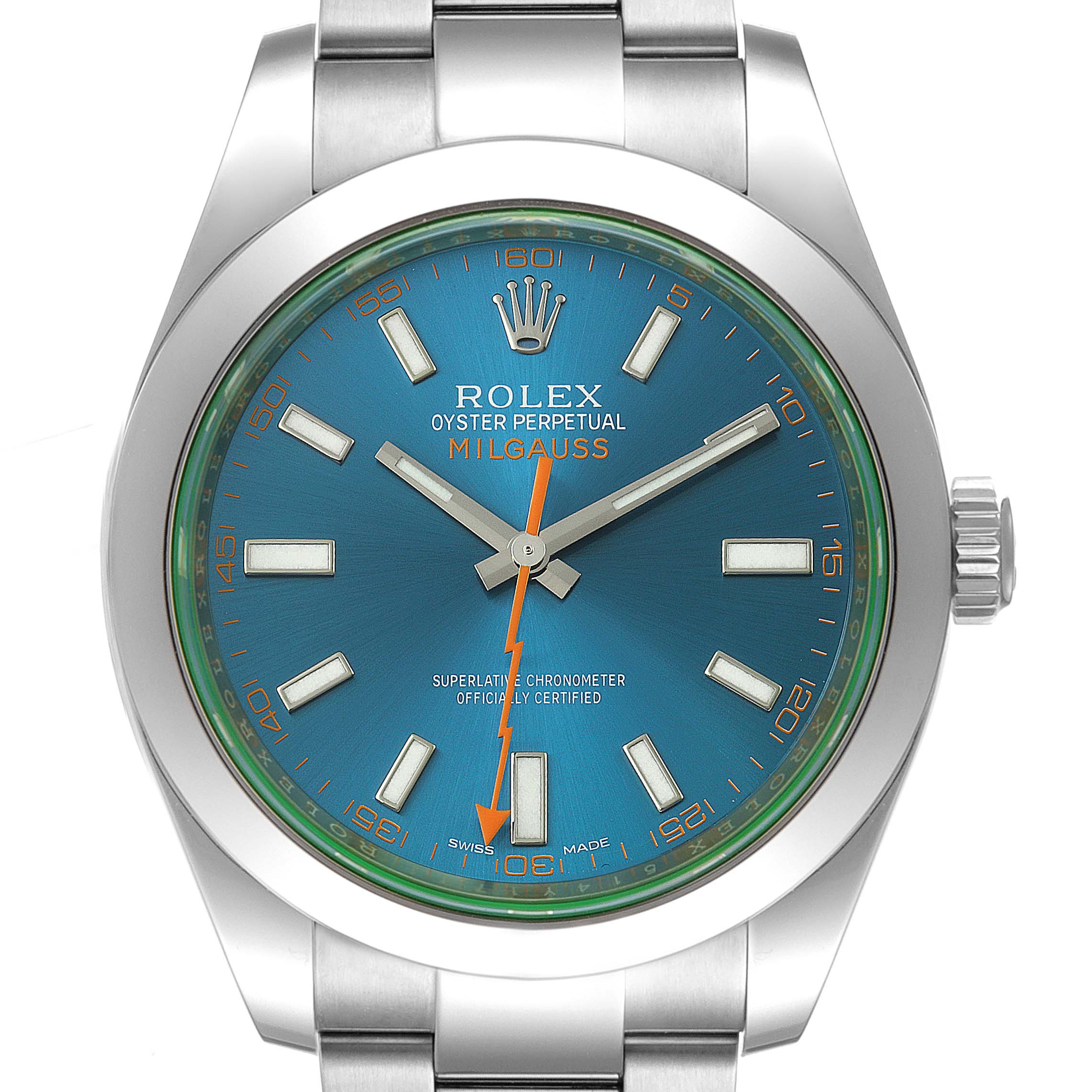 The image shows a front view of the Rolex Milgauss 116400GV Men
s Stainless Steel Blue Dial 116400GV Men
s Stainless Steel Blue Dial watch, highlighting its blue dial and metal bracelet.