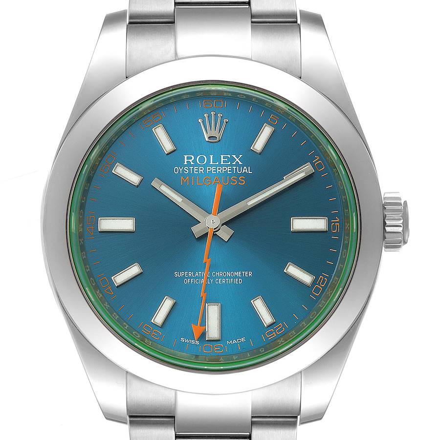 Rolex Milgauss Blue Dial Green Crystal Steel Mens Watch 116400 SwissWatchExpo