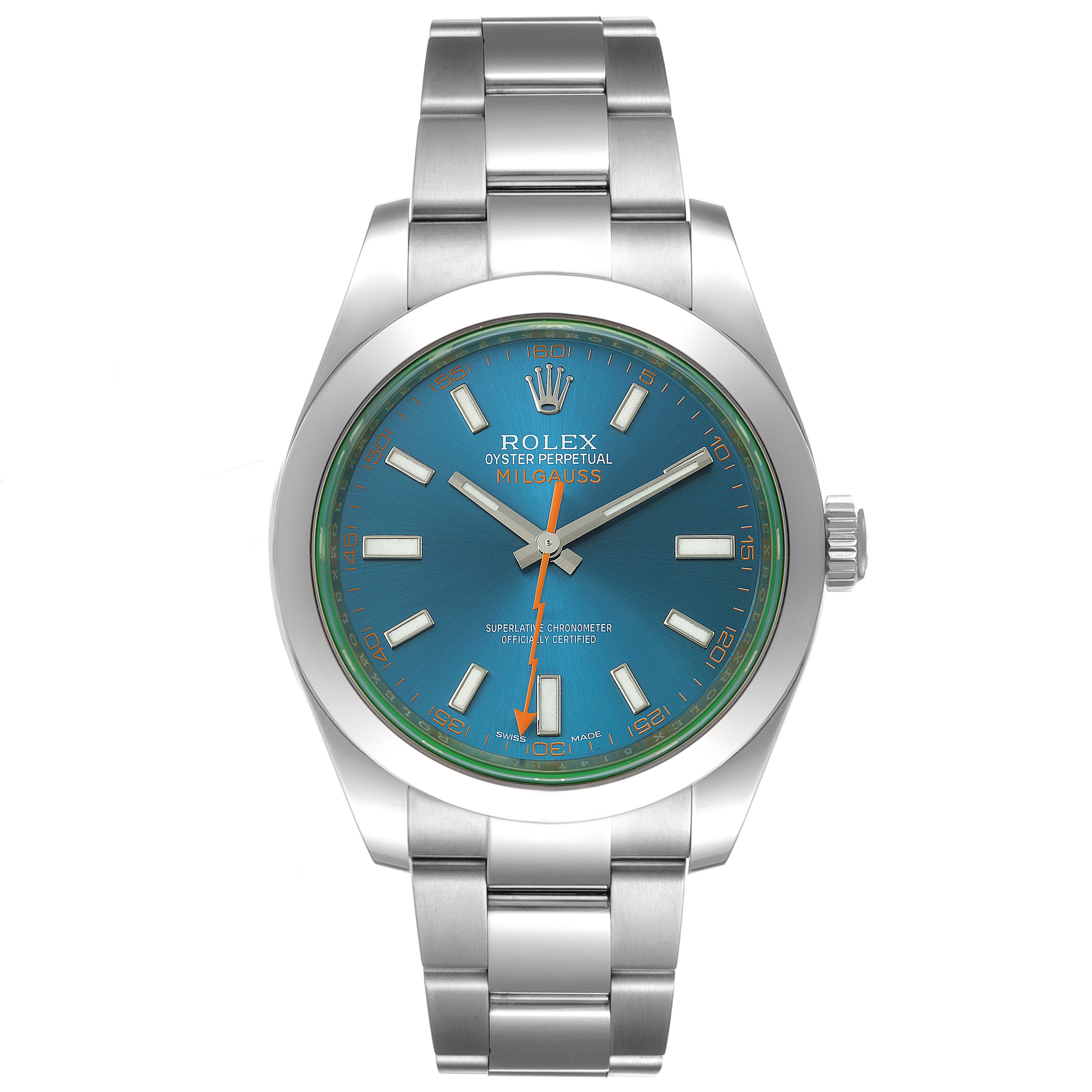 This image shows a front view of a Rolex Milgauss 116400GV Men
s Stainless Steel Blue Dial 116400GV Men
s Stainless Steel Blue Dial watch with a blue dial and stainless steel band.